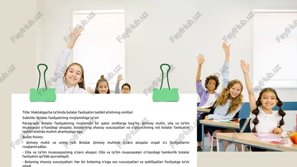 amida kreativ yondashuvlar rivojlantiriladi. - bolalarning tanqidiy fikrlash qobiliyatlarini oshiradi. **ijodiy faoliyat va o'z ifoda:** - o'z fikrlarini erkin ifoda etishga rag'batlantiradi. - individual yondashuvlar va o'z-o'zini anglashni kuchaytiradi. **jamoa ishida ijodiy yondashuv:** - o'zaro hamkorlik va muloqotni rivojlantiradi. - bir-biridan o'rganish va yordam berish ko'nikmalarini shakllantiradi. photo by aaron burden on unsplash jamoaviy faoliyatning ahamiyati jamoaviy faoliyat bolalar ijtimoiy ko'nikmalarini rivojlantirishda muhim ahamiyatga ega. jamoaviy faoliyat, bolalar o'rtasida birgalikda ishlash, o'rganish va o'zaro muloqot qilish jarayonidir. bu faoliyat orqali bolalar o'zaro tushunishni va hamkorlikni rivojlantiradilar. hamkorlik va muloqot ko'nikmalari bolalar uchun jamoaviy faoliyatda muhimdir. ular birgalikda ishlashni, fikr almashishni va bir-birini eshitishni o'rganadilar, bu esa ijtimoiy hayotga tayyorlashda yordam beradi. jamoaviy faoliyat bolalarga qiyinchiliklarni yengishda yordam beradi. masalan, bolalar birgalikda muammolarni hal qilishni, o'zaro yordam ko'rsatishni va bir-birlariga qo'llab-quvvatlashni o'rganadilar. bunday faoliyatlar bolalarning do'stlik va ijtimoiy aloqalarini mustahkamlashga yordam beradi, bu esa ularning kelajakdagi ijtimoiy muvaffaqiyatlari uchun muhimdir. shuningdek, …