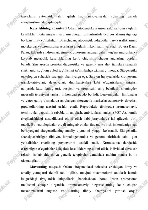 ibiy tuzilishi kirish uch asosiy bob 6 paragraf xulosa va foydalanilgan adabiyotlardan iborat. i bob odam sitogenetikasining nazariy asoslari 1.1. sitogenetikaning fan sifatida shakllanishi va rivojlanish bosqichlari sitogenetika fani genetik jarayonlarni xromosoma darajasida o‘rganadigan ilmiy yo‘nalish bo‘lib, uning shakllanishi xix asr oxiri va xx asr boshlaridagi sitologiya hamda genetika fanlari rivojiga bevosita bog‘liqdir. dastlabki bosqichlarda hujayra yadrosi, xromatin va xromosomalarning mikroskop ostida ko‘rinishi o‘rganilib, ular hujayraning irsiy apparati bilan bog‘liq asosiy tuzilmalar sifatida qaralgan. g. valdeyer tomonidan “xromosoma” atamasining fanga kiritilishi (1888-yil) sitogenetikaning shakllanishida muhim tarixiy qadam bo‘ldi. shu davrda t. bovari va v. s. sutton kabi olimlar xromosomalar irsiyat tashuvchisi ekanini ilmiy asoslab, xromosoma nazariyasini ishlab chiqishdi. bu nazariya keyinchalik mendel qonunlari bilan uyg‘un holda genetik merosning xromosoma tabiatini tasdiqladi va sitogenetikaning mustaqil fan sifatida shakllanishiga asos yaratdi. 1.1 rasm xx asrning 20–40-yillarida xromosomalarni bo‘linish jarayonlarida kuzatish texnikalari takomillashib, ularning soni va struktura jihatidan o‘zgarishlarini aniqlash imkoniyati paydo bo‘ldi. …