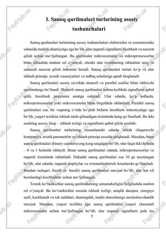 fi va issiqlik chiqarishini oshiradi. shuning uchun, ishlab chiqaruvchilar bu ko‘rsatkichni optimal darajada saqlashga harakat qiladilar, chunki juda yuqori chastotalar qurilmaning ishonchliligini pasaytirishi mumkin. ikkinchidan, aniqlik darajasi yoki xatolik protsenti — bu sanoq qurilmasining hisoblashdagi xatoliklarni qancha kamaytirishi yoki qabul qilishi mumkinligini anglatadi. bu ko‘rsatkich, ayniqsa, ilmiy-tadqiqot, tibbiyot texnikasi yoki kosmik texnikada juda muhimdir, chunki xatoliklar xavfli yoki noaniq natijalarga olib kelishi mumkin. aniqlik darajasi odatda, statistik metodlar yordamida o‘lchanadi va u qurilmaning ishlab chiqarilish sifatiga, texnologik jarayonlarga va texnik parametrlariga bog‘liq bo‘ladi. uchinchi, kuchlanish va tok talablari — bu sanoq qurilmasining ishlash uchun kerak bo‘ladigan elektr quvvati va uning muhit bilan mosligi bilan bog‘liq. masalan, mikroprotsessorlar uchun odatda 1.8v dan 3.3v gacha bo‘lgan kuchlanish talab etiladi, bu esa energiya sarfini va issiqlik chiqarishini boshqarish imkonini beradi. muayyan muhit sharoitlarida, masalan, sovutish tizimlari yoki muhit harorati, qurilmaning ishlash ko‘rsatkichlari o‘zgarishi mumkin, shuning uchun bu parametrlar muhim ahamiyatga ega. to‘rtinchidan, energiya …