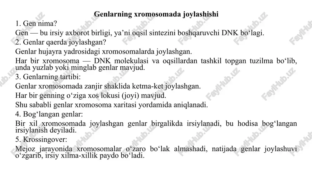 xromosomaga bog‘liq belgilar — bu faqat erkaklarda uchraydigan, y jinsiy xromosomada joylashgan genlar bilan boshqariladigan belgilar yoki xususiyatlardir. 2. asosiy xususiyatlari: y-xromosoma faqat erkaklarda (xy) mavjud. shuning uchun bu belgilar faqat erkakdan o‘g‘ilga o‘tadi. urg‘ochilarda y xromosoma yo‘qligi sababli, ular bu belgilarni irsiy ola olmaydi. irsiylanish vertikal yo‘nalishda, ya’ni faqat erkaklar zanjiri orqali kechadi. 3. y-xromosomadagi muhim genlar: sry geni (sex-determining region y) — erkak jinsini belgilovchi asosiy gen. azf geni (azoospermia factor) — spermatozoidlar hosil bo‘lishini boshqaradi. tdf (testis determining factor) — moyaklarning rivojlanishiga ta’sir qiladi. belgi / kasallik tavsifi kimlarda uchraydi sry geni faoliyati erkak jinsining shakllanishini ta’minlaydi faqat erkaklarda soch to‘kilish (erkak tipida) ayrim hollarda y xromosomadagi genlar ta’sirida erkaklarda bezorlik belgisi (o‘ta agressiv xulq) ayrim erkaklarda y-xromosoma gen mutatsiyasi bilan bog‘liq deb taxmin qilinadi erkaklarda y xromosoma deletsiya sindromi sperma hosil bo‘lmasligi, bepushtlik erkaklarda 4. y-xromosomaga bog‘liq belgilar misollari: avlodlar shajarasiga qarab irsiy kasalliklarning nasllanish tipini …