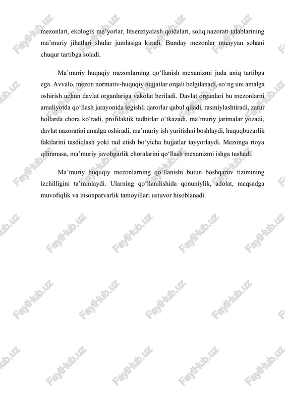 vlat xizmatlarining soddalashtirilishi, korrupsiyaga qarshi kurashish tizimining kuchaytirilishi ma’muriy huquqiy mezonlarning yangi shakllarini vujudga keltirmoqda. elektron ma’muriy ish yuritish, onlayn murojaatlar, davlat xizmatlari platformalarida o‘zaro bog‘langan mezonlarning paydo bo‘lishi davlat boshqaruvi sohasida zamonaviy islohotlarning yaqqol ko‘rinishidir. kelajakda ma’muriy huquqiy mezonlarning takomillashuvi davlat boshqaruvida shaffoflikni kuchaytirish, aholiga xizmat ko‘rsatish sifatini yaxshilash, davlat organlari o‘rtasidagi raqobatbardoshlikni oshirish, fuqarolarning davlat bilan aloqalarini soddalashtirish, ma’muriy tartiblarni optimallashtirish kabi ustuvor yo‘nalishlarda davom etadi. xulosa ma’muriy huquqiy mezonlar davlat boshqaruvi tizimining ajralmas asosini tashkil etadi. ular jamiyat hayotini tartibga solish, davlat organlari faoliyatini qonuniy asosda yo‘lga qo‘yish, fuqarolarning huquq va majburiyatlarini belgilashda muhim ahamiyatga ega. ma’muriy mezonlarning amalda to‘g‘ri qo‘llanilishi davlat boshqaruvi sifatini oshiradi, jamiyatda tartib, qonuniylik va barqarorlikni ta’minlaydi. rivojlanayotgan huquqiy tizimda ma’muriy mezonlarning ahamiyati yanada ortib boradi va ular kelajakda davlat boshqaruvi jarayonlarini yanada takomillashtirishga xizmat qiladi. foydalanilgan adabiyotlar 1. o‘zbekiston respublikasi konstitutsiyasi 2. “ma’muriy javobgarlik to‘g‘risida”gi kodeks 3. “davlat boshqaruvi asoslari” fanidan darsliklar …