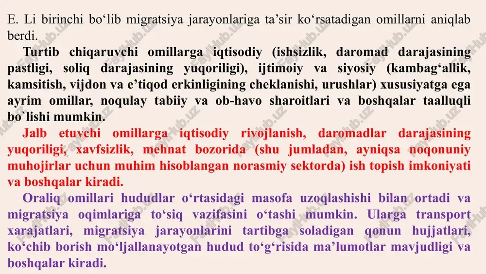 psixologik himoya tizimlarini rivojlantirishni taklif qiladi. bu tizimlar migrantlarning ruhiy salomatligini himoya qilishga va ularning psixologik barqarorligini ta'minlashga qaratilgan bo'lishi kerak. 03 psixologlarning roli psixologlar diagnostika, maslahat, reabilitatsiya va profilaktika kabi bir qator muhim vazifalarni bajarishlari kerak. ular migrantlarga va ularning oilalariga moslashuv, stressni boshqarish va ruhiy muammolarni yechishda yordam berishlari lozim. qo'llab-quvvatlash -tiklanish kaliti faol qo'llab-quvvatlash dasturlari va psixologik yordam mexanizmlari mehnat migratsiyasidan jabrlangan oilalar va shaxslarning ruhiy tiklanishi va jamiyatga qayta integratsiyalashuvi uchun muhim kalitdir. muammolarni yechish yo'llari va tavsiyalar ijtimoiy xizmatlarni kengaytirish oilaviy nizolarni kamaytirish uchun mahalliy darajada ijtimoiy xizmatlarni kengaytirish, xususan, oila psixologlari va ijtimoiy ishchilar faoliyatini kuchaytirish zarur. madaniyatlararo moslashuv dasturlari migrantlar uchun madaniyatlararo moslashuv dasturlarini joriy etish, ularga yangi madaniy muhitga tezroq integratsiyalashishga yordam beradi va stressni kamaytiradi. psixologik yordam xizmatlari psixologik yordam xizmatlarini davlat va nodavlat tashkilotlari hamkorligida rivojlantirish. bu xizmatlar arzon va oson kirish imkoniyatiga ega bo'lishi kerak. jamiyatni jalb qilish jamiyatni …