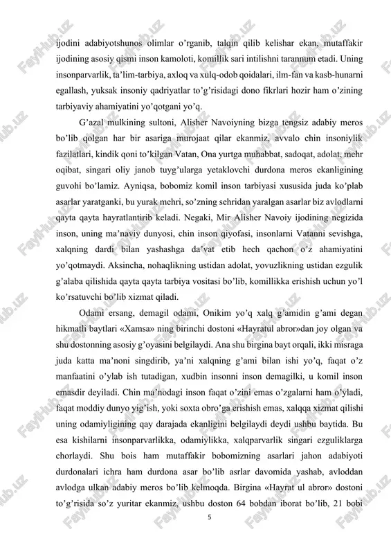 lbimizdan joy olgan ushbu ruboiyga eʼtibor bering, gʼurbatda gʼarib shodmon boʼlmas emish, el anga shafiqu mehribon boʼlmas emish. oltin qafas ichra gar qizil gul bitsa, bulbulga tikondek oshyon boʼlmas emish. yana shuni ham alohida taʼkidlash joizki, shoir soʼzni, uning sehrini nihoyatda ulugʼlaydi, uning taʼsir qudratini taʼriflab, soʼz inson hayotida uning maʼnaviy kamolotida juda katta rol oʼynaydi. insonning barcha jonli mavjudoddan farqi soʼz tufaylidir deydi. darhaqiqat, soʼzning qudrati bemisldir. topib aytilgan bir ogʼiz yaxshi soʼz inson hayotini butunlay oʼzgartirib yuborish kuchiga ega boʼlsa, aksincha gʼarazli, nojoiz, makkarona soʼzlar tafakkur doirasi tor, irodasi moʼrt, insonlar ruhiyatiga oʼz taʼsirini oʼtkazib, ularni jar yoqasiga boshlashi ham ayni haqiqatdir. bobokalonimiz asarlarini oʼqir ekanmiz, vatanga muhabbat, yurtga sadoqat hislarini chin yurakdan chuqur his qilamiz. vatanga muhabbat va sadoqat hissi esa oʼzlikni anglashdir desak xato boʼlmaydi. negaki, oʼz makoniga koʼngil qoʼymagan, sevmagan inson dunyoda hech kimga va hech nimaga koʼngil qoʼyyolmaydi, sadoqat ham qilolmaydi. buni tarix qayta …