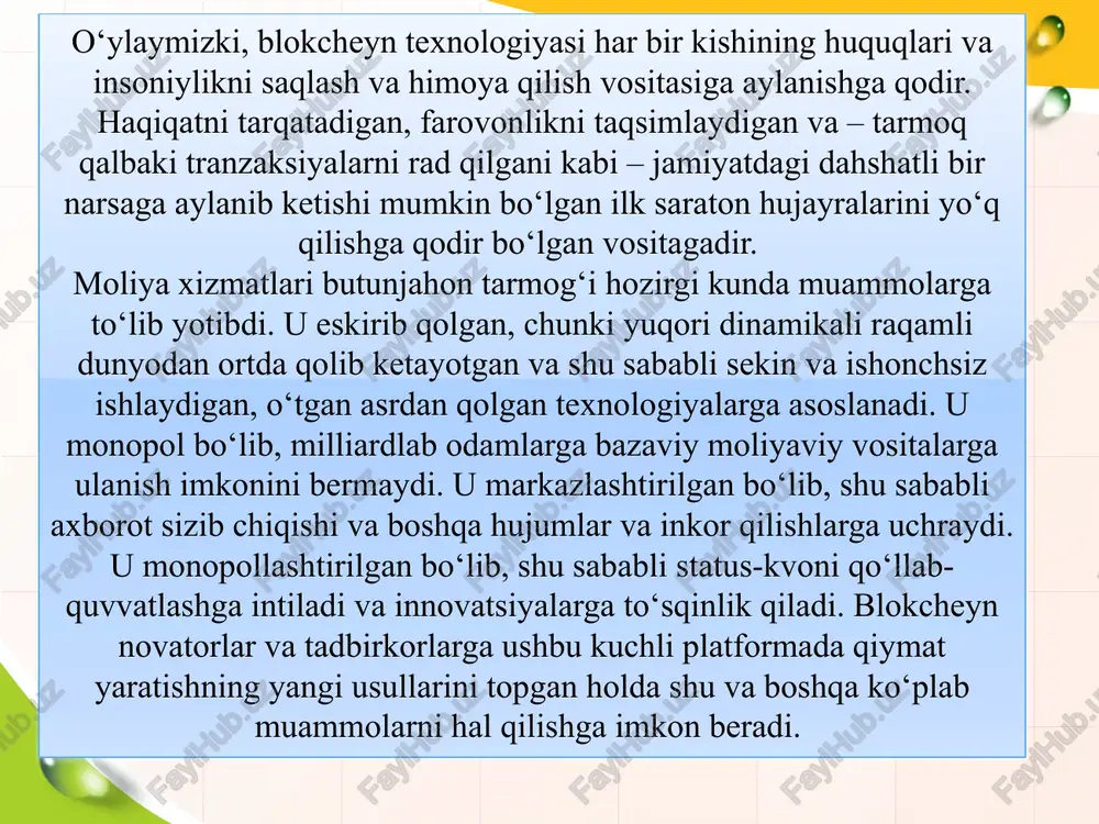 lumotlar soxta plastik karta tayyorlash va hisobingizdagi mavjud mablag‘larni naqdlash uchun qo‘llaniladi. ushbu ma’lumotlarni taqdim etish orqali firibgarlarga o‘z pullaringizni osongina taqdim etgan bo‘lasiz. ushbu turdagi jinoyat turlaridan biri bu soxta bank vakillaridan kredit qarzini to‘lash talabi bilan fuqarolarning mobil telefonlariga murojaat qilishdir. fuqaro hech qanday kredit olmaganligi haqida xabar berganida, aniqlashtirib olish uchun undan plastik kartadagi ma’lumotlarni taqdim etish talab qilinadi. ushbu ma’lumotlar on-layn do‘konlarda mahsulot sotib olish uchun etarli hisoblanadi. shuni unutmaslik kerakki, banklar va to‘lov tizimlari hech qachon xat yubormaydi yoki fuqarolarga telefon orqali o‘z ma’lumotlarini taqdim etishni so‘ramaydilar. agar plastik karta bilan yoki shunga o‘xshash muammo yuzaga kelsa, shaxsan bankka kelish talab qilinadi. internet-gadoychilik. internetda kasal bolalarga moliyaviy yordam so‘rovchi xayriya tashkiloti, bolalar uyi yoki boshqa shu kabi tashkilotlarning e’loni chiqishi mumkin. internet firibgarlar haqiqiy xayriya saytlarning dublyor-saytini yaratadilar va pul o‘tkazmalarning rekvizitlarini o‘zgartirib qo‘yadilar. aldanib qolmaslik va pulingizni firibgarlar qo‘liga bermaslik uchun ko‘rsatilgan tashkilotga qayta …