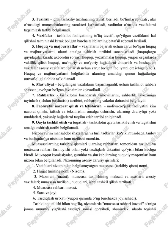 larga yetkazish tartibini belgilaydi. nizom tashkilot rahbari yoki kollegial organ rahbari tomonidan tasdiqlanadigan hujjat turi ko'rsatilgan tashkilotning umumiy blankida tuziladi. ichki mehnat qoidalari - tashkilot ishini tashkil etish, xodimlar va ma'muriyatning o'zaro majburiyatlari, ta'tillar berish, xodimlarni ish joyiga yuborish, ish joyidagi rejim va boshqa masalalarni tartibga soluvchi huquqiy hujjat. qoidalar tashkilotning umumiy blankida hujjat turi ko'rsatilgan holda tuziladi, kadrlar xizmati rahbari tomonidan imzolanadi, mehnat jamoasi yig'ilishida kelishiladi va tashkilot rahbari tomonidan tasdiqlanadi. n i z o m tashkilot yoki uning tarkibiy bo’linmalari, kichik yoki qo’shma korxona va shu kabilar tuzilishi, huquqi, vazifalari, burchlari, ishni tashkil qilishlari tartibotini belgilaydigan huquqiy hujjat nizom deyiladi. nizom ayrim mansabdor shaxslarga va turli tadbirlar (ko’rik, musobaqa, tanlov va boshqalar)ga nisbatan ham tuzilishi mumkin. ko’pincha nizom muassasalar ta’sis etilishi yoki tashkil topishi paytida tuziladi va yuqori tashkilotlar farmoyoishi bilan (yoki tegishli hokimiyat tomonidan) tasdiqlanadi. muassasalarning tarkibiy qismlari ularning rahbarlari tomonidan tuziladi va muassasa rahbari farmoyishi bilan …