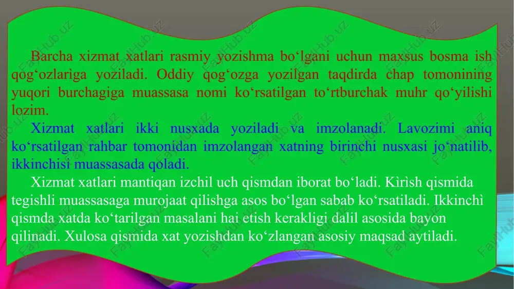ngan mebel bo’lmaganligi bois hammasi polda qalashib yotibti va buning oqibatida xonaga kirgan har bir ustozdan tanbeh eshityapmiz. shu sababli guruhdagi talabalarning ota-onalari ishlaydigan ayrim tashkilotlarni shu ishga homiylik qilishlariga ruxsat berishingizni so’raymiz. mutaxassislar ko’rsatmalari asosida, guruhdoshlar bilan birga ushbu auditoriyani talab darajasida ta’mirlaymiz va jihozlaymiz. guruh sardori: (imzo) y.abdurahmanova 2022- yil 26 - may biror voqea-hodisa haqida xizmat faoliyatiga tegishli masalalar yuzasidan axborot berish maqsadida taqdim qilinadigan muayyan idora rahbariga bildirgi bildirgi shakli qayerga yoki kimga bildirgi yozuvchining turar joyi, lavozimi, to`liq nomi bildirgi bildirgi matni (mazmuni) imzo i.sh. va familiyasi sana (yil, kun, oy) bildirgi toshkent arxitektura qurilish instituti arxitektura fakulteti dekani sh. reyimbayevga 2-18 guruh talabasi f.jamalovadan bildirgi 2023 yil 13-14 may kunlari guliston davlat universitetida “o’zbek tili” fani bo’yicha o’tkaziladigan 2-bosqich respublika olimpiadasida ishtirok qilishim kerakligi sababli, dars mashg’ulotlarida qatnasha olmasligimni ma’lum qilaman. (imzo) f.jamalova 2023 - yil 11 - may d a l o l …
