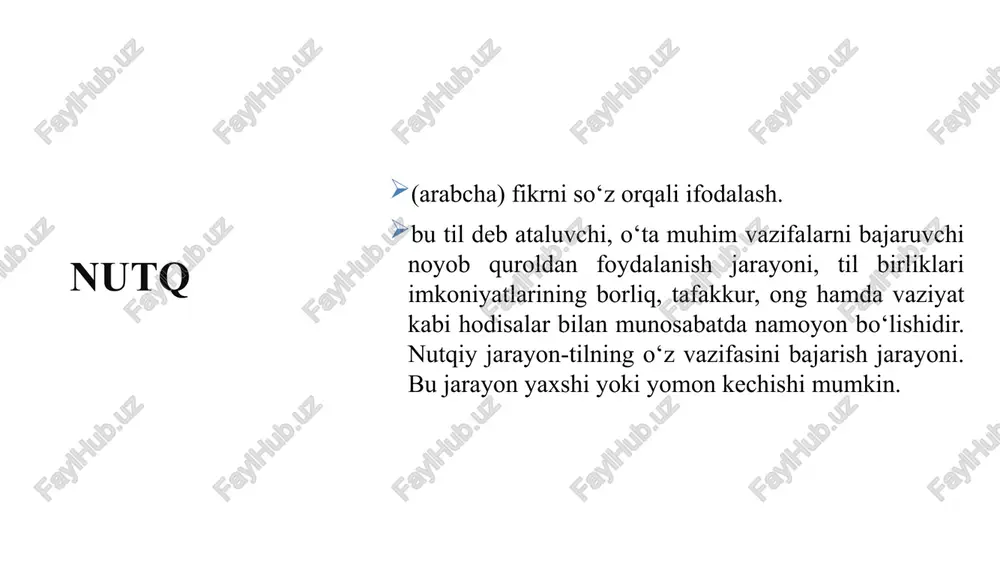 psixologiya notiq o‘z fikrlarini bayon qilishda auditoriyani kuzatishi, har bir tinglovchining kayfiyatini hisobga olib nutq so‘zlashi lozim. notiq va tinglovchi o‘rtasida samimiy muomala asosiy vazifa bo‘lishi kerak. notiq zarur va muhim gaplarni aytishdan oldin butun tinglovchilarning diqqatini o‘ziga qarata olsa, maqsadga muvofiq bo‘ladi. adabiyotshunoslik notiqlik bu-so‘z san’ati hisoblansa, adabiyotshunoslik, badiiy adabiyotning quroli ham so‘zdir. so‘zning ilohiyligi, uning qudrati badiiy adabiyotlarda aks etadi. chunki alloh olam paydo bo‘lishida unga “yaral” deb buyurgan va jamiki mavjudotdan oldin so‘z yaralgan. nutq faoliyati – odam tomonidan ijtimoiy-tarixiy tajribani o‘zlashtirish va avlodlarga uzatish yoki kommunikatsiya o‘rnatish, o‘z harakatlarini rejalashtirishda tildan foydalanish jarayonidir. nutq faoliyatining yo‘nalishi har xil bo‘lishi mumkin: -yangi informatsiya berish; aqliy masalani yechish. til aloqa vositasi yoki quroli, nutq faoliyati esa aloqa jarayonining o‘zidir. psixologiya nutqni o‘rganar ekan, har turli sharoitlarda, har xil muammoli vaziyatlarda tildan foydalanish xususiyatlarini aniqlaydi, inson hatti-harakatini rivojalantirishda tilning rolini o‘rganadi, bolalarda aloqa (kommunikatsiya) jarayonining tarkib topish yo‘llarini va …