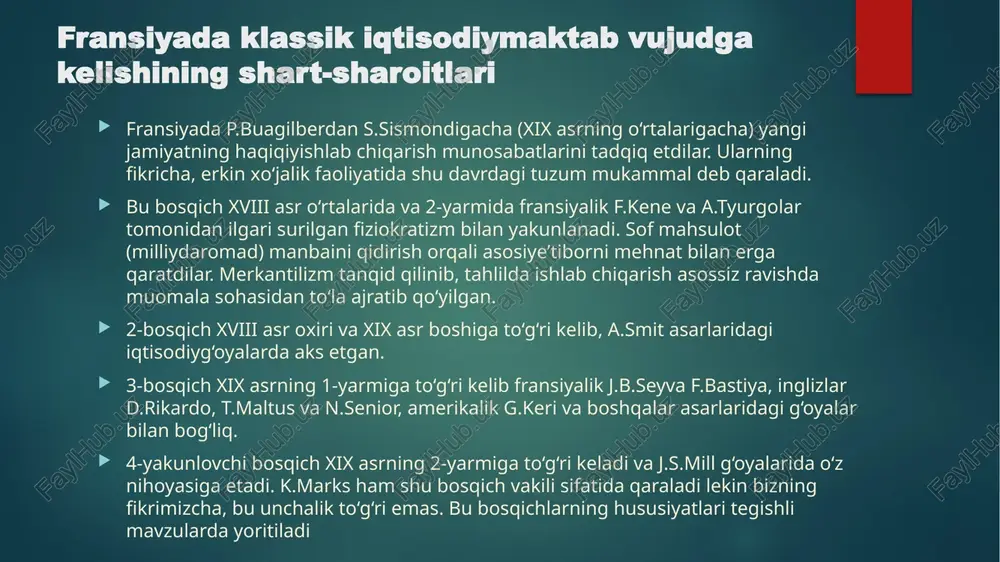iqdori bilan aniqlanadi, almashuv qiymati esa qimmatbaho metallni qazib olishga ketgan mehnat sarflari bilan belgilanadi. eng muhim masala, bu mamlakatdagi pulning miqdori, ya’ni oborotdagi pul masalasi edi. muomaladagi pulning miqdori tovar-to‘lov oborotlari yoki oxir-oqibatda realizatsiya qilinayotgan tovarlar, ularning bahosi (to‘g‘ri proporsiya) va pulning muomala chastotasi (teskari proporsiya) bilan aniqlanadi. o‘sha davrda qimmatli metallardan qilinadigan chaqa pullar bank tomonidan chiqariladigan qog‘oz pullar bilan (ma’lum chegarada) almashtirilishi mumkin degan to‘g‘ri xulosa chiqariladi. uning fikricha, pul inson organizmidagi yog‘ga o‘xshaydi, chunki yog‘ning ortig‘i ham, kami ham ziyondir, ya’ni uning me’yorda bo‘lgani yaxshi tadbirkorlar va er egalarining daromadlarini belgilash uchun umumiybo‘lgan «renta» tushunchasi kiritiladi. v.petti renta nazariyasini ishlab chiqdi uning fikricha, renta mahsulot (natura) ko‘rinishida ish haqi va urug‘likni ajratgandan keyin qoladigan mahsulot miqdoriga teng bo‘lishi kerak. demak, bu holda renta qo‘shimcha mahsulotga teng. pul holidagi renta qo‘shimcha mahsulotning kumush miqdoriga teng qiymatidir. xvii-xviiiasrlarda fransiya taraqqiyotining xususiyatlari va uning p.buagilber qarashlarida aks etishi agar …