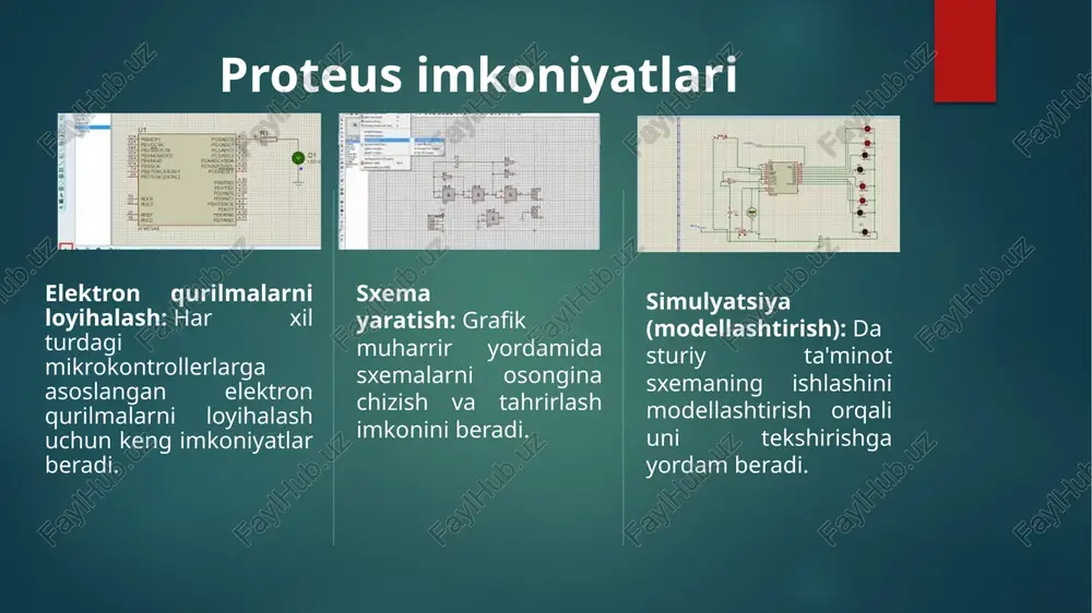 joylashtirish, elementlarni ulab, ularning ishlashini tekshirish. yangi loyiha yaratish: proteus dasturini ishga tushiring va new project (yangi loyiha) funksiyasidan foydalanib, yangi loyiha faylini yarating. mantiqiy elementlarni qidirish: component mode (komponent rejimi) oynasida, logic (mantiq) katagoriysidan kerakli mantiqiy elementni (masalan, and, or, not, xor) tanlang. ishlashni tekshirish: mantiqiy sxemani ishga tushiring va uni tekshirish uchun simulation mode (simulyatsiya rejimi) dan foydalaning. logic analyzer (mantiqiy analizator) kabi vositalardan foydalanib, sxema qanday ishlashini kuzating va natijalarni tahlil qiling. elementlarni joylashtirish: elementni sxema muharririga (schematic capture) olib keling va kerakli joyga joylashtiring. ulanishlarni amalga oshirish: elementlarning kirish va chiqish terminallarini simlar yordamida bir-biriga ulab, mantiqiy sxemani tuzing. terminal mode (terminal rejimi) dan foydalanib, simlarning ulanishini sozlang. xulosa proteus dasturi mantiqiy elementlar asosida tuziladigan elektron sxemalarni o‘rganish, sinovdan o‘tkazish va tahlil qilish uchun eng qulay va samarali platformalardan biridir. dastur orqali and, or, not, nand, nor, xor kabi mantiqiy elementlarni tez topish, ularni sxemaga joylashtirish …