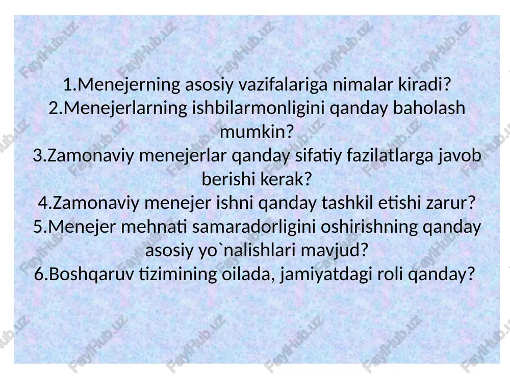 ildiradi. sangviniklar: kishilar bilan tez til topishadigan; bir ish turidan boshqa bir ish turiga tezda ko`nikadigan; bir turda bajariladigan ishlarni yoqtirmaydigan; yangi sharoitga osonlik bilan o`rganadigan; xushchaqchaq; harakatlari shiddatli; nutqi tez; kelajakka ishonch bilan qaraydigan; so`zini aniq va ma`noli qilib, imo-ishoralar bilan gapiradigan kishilardir. flegmatiklar: ta`sirchanligi sust; bir turdagi ishdan ikkinchi turdagi ishga sekinlik bilan ko`chadilar; faolliklari kam; yangi sharoitga qiyinlik bilan moslashadilar; harakat va nutqlari sust; ko`ngilsiz hodisa yuz berganda osoyishtaliklarini buzmaydilar; sabr-toqatli, chidamli bo`lib, so`zlaganda xotirjam, o`zga shaxslar bilan hayajonlanmay gaplashadilar. flegmatiklar chidamliligi, matonati, o`zini tuta bilishi bilan ajralib turadi. xoleriklar – ko`tarinki ruhda ishlay oladigan, qarshiliklarni yenga oladigan kishilar bo`lib, ularning ishlash zavqi kayfiyatining buzilishi bilanoq tez o`zgarishi mumkin. ular serjahl, o`zini yaxshi ko`radigan, tez gapiradigan odamlar bo`lib, boshqalardan gapining ohangi o`zgaruvchanligi bilan ajralib turadi. melanxoliklar: o`ta ta`sirlanuvchan xususiyatga ega; tez toliqadigan va o`ziga ishonmaydigan; tashvishsiz, lekin juda sezuvchan; nihoyatda arazchan; juda oz kuladigan; faolligi sust, tortinchoq, …