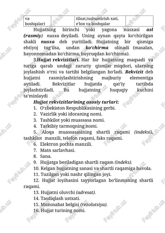 yyorlashda tinish belgilarining ishlatilishi.rasmiy-idoraviy hujjatlarni tayyorlashda uning zaruriy qismlari joylashishiga, matn mazmuni tarkibiy qismlarining ketma-ketligiga, tinish belgilarining to‘g‘ri qo‘yilishiga alohida e’tibor berish lozim. shu maqsadda quyidagilarga doimo amal qilishni unutmang: — bosma harflarda yoziladigan hujjat nomida barcha harflar katta harflar bilan yozilishi kerak. masalan: tavsiyanoma emas, tavsiyanoma kabi; — hujjat yuboriladigan muassasaning nomi qisqartirilmasdan to‘liq, bosh harflar bilan yozilish qoidalariga amal qilgan holda yoziladi; — hujjat matnining asosiy qismlari xatboshi bilan y ozilishi lozim. qo‘shimcha qismlar asosiy fikrga bog‘langan tarzda undan so‘ng beriladi; — shaxsiy hujjatlarda izohlanayotgan «men» so‘zidan va izoh so‘z birikmasidan so‘ng vergul qo‘yiladi. masalan: men, mahmud qodirov, ... hujjat tayyorlash va ish yuritishda imlo me’yorlariga va tinish belgilarining to‘g‘ri qo‘yilishiga qat’iy amai qilish lozim. hujjat matnida vergul, nuqtali vergul, ikki nuqta, qavs, tire nisbatan faol ishlatiladi. unutmangki, hujjat nomi va matn sarlavhasidan keyin nuqta qo‘yilmaydi. vergul hujjat matnida qoliplangan kirish birikmalaridan so‘ng, uyushiq va ajratilgan bo‘laklar, orasida, …