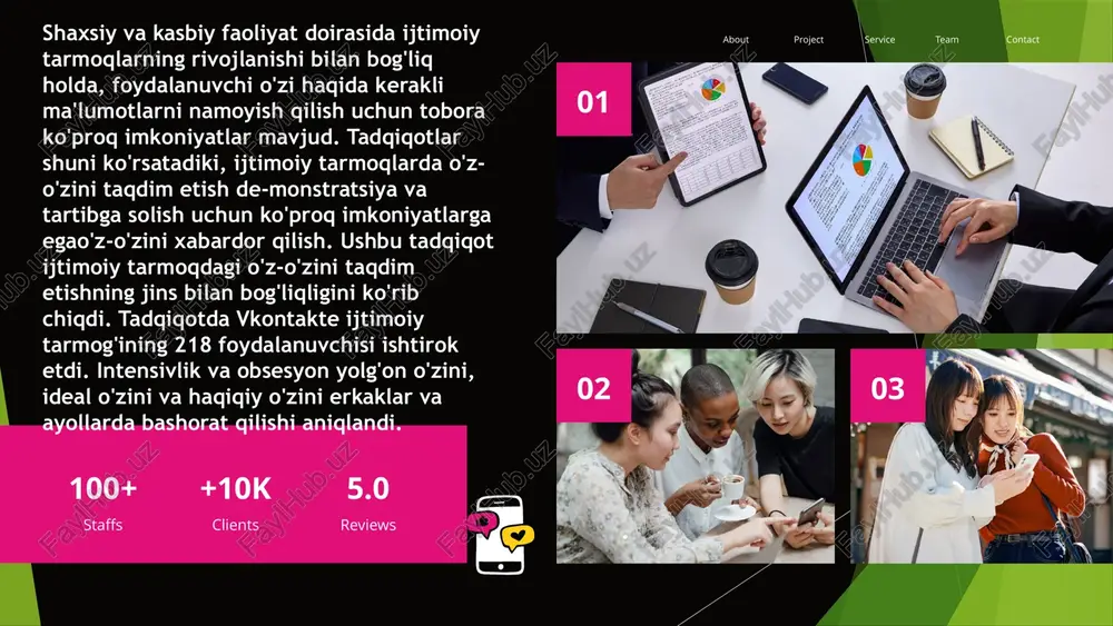 qoldirish, do'stlar bilan suhbatlashish yoki qiziqarli narsalarni baham ko'rish. ijtimoiy tarmoqlarda bo'lish har doim kuzatish va baholash mumkin emas. bu "yangiliklar tasmasi" va obuna ma'lumotlarini ko'rish bo'yicha harakatlar bilan bog'liq bo'lib, ular ko'rinmaydi, lekin ijtimoiy tarmoqdagi o'z-o'zini taqdim etishga ta'sir qilishi mumkin. bundan tashqari, ijtimoiy tarmoqlardagi o'zaro aloqalar ko'p vaqt talab etadi,bu esa "ijtimoiy tarmoqlardan foydalanish intensivligi"kabi xususiyatni yaratish zarurligini keltirib chiqaradi. intensivlik ijtimoiy tarmoqdan foydalanish chastotasi va davomiyligini o'lchaydi, ijtimoiy tarmoqqa oldindan stupa yo'qligi bilan bog'liq kundalik faoliyat va hissiy tajribalarni baholaydi ijtimoiy tarmoqlarda bo'lish, shuningdek, ulardan foydalanishda hissiy ishtirokni shakllantirishga yordam beradi. chunki qaram xatti-harakatlarning mezonlarini aniqlash mumkin emas, bu holda ijtimoiy tarmoqdagi xatti-harakatlar va hissiy reaktsiyalar tushuniladigan ijtimoiy tarmoqdan foydalanish ko'rsatkichlarini qo'llash mumkin gorbushina e. a. hisobga olingan holda ijtimoiy tarmoqlarda o'zini namoyish qilish xususiyatlari...psixologik tadqiqotlar 2023 yil 16-son 90 https://psystudy.ru6instagram1stal ko'proq ayol (2020 yilda ayollarning 77%), shuningdek facebook2(60% ayollar). youtube,aksincha,ko'proq erkaklarga aylandi (erkaklarning 58 foizi bir …