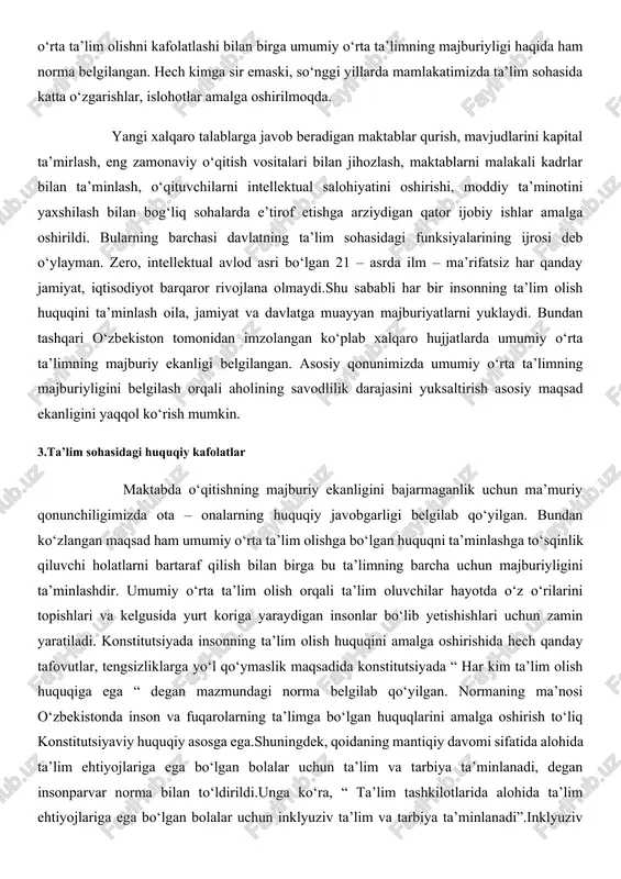 a subsidiyalar berish, pirovardida bolalarni maktabgacha ta’lim bilan qamrab olishni yuz foizga yetkazish choralarini ko‘rishi bilan bog‘liq mas’uliyatni zimmasiga oladi. mamlakatimizda ta’lim tizimida umumiy o‘rta ta’lim markaziy o‘rinni egallaydi.mavjud konstitutsiyaviy qoidaga asosan, davlat bepul umumiy o‘rta ta’lim olishni kafolatlashi bilan birga umumiy o‘rta ta’limning majburiyligi haqida ham norma belgilangan. hech kimga sir emaski, so‘nggi yillarda mamlakatimizda ta’lim sohasida katta o‘zgarishlar, islohotlar amalga oshirilmoqda. yangi xalqaro talablarga javob beradigan maktablar qurish, mavjudlarini kapital ta’mirlash, eng zamonaviy o‘qitish vositalari bilan jihozlash, maktablarni malakali kadrlar bilan ta’minlash, o‘qituvchilarni intellektual salohiyatini oshirishi, moddiy ta’minotini yaxshilash bilan bog‘liq sohalarda e’tirof etishga arziydigan qator ijobiy ishlar amalga oshirildi. bularning barchasi davlatning ta’lim sohasidagi funksiyalarining ijrosi deb o‘ylayman. zero, intellektual avlod asri bo‘lgan 21 – asrda ilm – ma’rifatsiz har qanday jamiyat, iqtisodiyot barqaror rivojlana olmaydi.shu sababli har bir insonning ta’lim olish huquqini ta’minlash oila, jamiyat va davlatga muayyan majburiyatlarni yuklaydi. bundan tashqari o‘zbekiston tomonidan imzolangan ko‘plab …