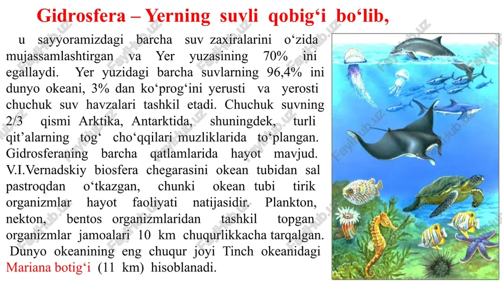 yonida parchalanadi. vodorod ionlari organik moddalar tarkibiga kiradi, kislorod esa molekular holatda atmosferaga ajraladi. hayvonlar suvdan osmotik bosimini saqlashda foydalanadi va moddalar almashinuvining mahsuloti sifatida tashqi muhitga ajratadi. biosferada suvning davriy aylanishi fosforning davriy aylanishi. p nuklein kislotalar, atf, hujayra membranasi, dentin (tish qatlami) va suyak to‘qimasi tarkibiga kiradi. fosforning davriy aylanishi tirik organizm lar faoliyati bilan chambarchas bog‘liq. redutsentlar fosforning organik birikmalarini parchalab, mineral holdagi fosfatlarga aylantiradi. hosil bo‘lgan fosfatlar o‘simliklar ildizlari tomonidan o‘zlashtiriladi. azot va ugleroddan farq qilib, fosfor atmosfera tarkibida uchramaydi, uzoq geologik davrlar mobaynida hosil bo‘lgan tog‘ jinslari uning manbayi hisoblanadi. biosferada fosforning davriy aylanishi. oltingugurtning davriy aylanishi. s oqsil va aminokislotaning tarkibiy qismidir. u tabiatda h2s, so2 holatida, mineral moddalar: sulfidlar va sulfatlar ko‘rinishida hamda erkin holda bo‘ladi. o‘simliklar sulfatlarni o‘zlashtirib, s saqlovchi aminokislotalar sintez qiladi. hayvonlar esa s ni organik birikmalar orqali o‘zlashtiradi. o‘simlik va hayvonlar nobud bo‘lib, redutsentlar tomonidan parchalangandan keyin s tashqi …