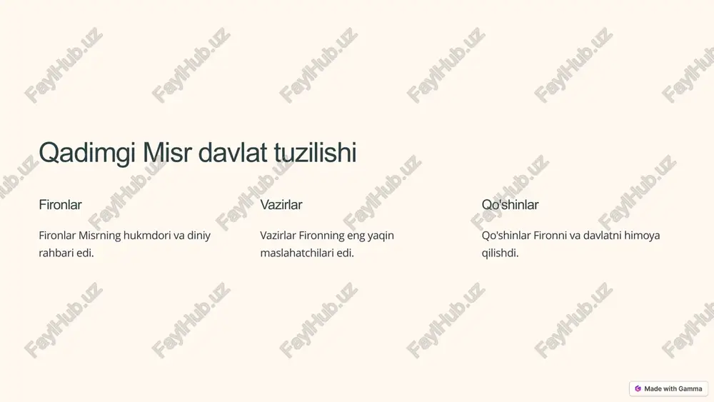 n. misrda me‟morchilik juda rivojlanib, texnik jihatdan kamol topgan. misr arxitekturasining ko‟plab namunalari (maqbara, ibodatxona va boshqalar) bizga qadar saqlanib qolgan. o‟rta podsholik davri me‟morchiligi qadimgi podsholik va yangi podsholik davridagi me‟morchilik o‟rtasida o‟ziga xos ko‟prik hisoblanadi. qadimgi misr ilm-fani va texnologiyasi matematika qadimgi misrliklar matematik bilimlarni qo'llab, piramida va ma'badlarni qurishgan. astronomi ular yulduzlarni kuzatish va vaqtni aniqlash uchun astronomiya bilimlaridan foydalanishgan. tibbiyot misrlik shifokorlar turli kasalliklarni davolashda o'z bilimlarini qo'llashgan. texnologiya qadimgi misrliklar suv tashish va qishloq xo'jaligi uchun turli texnik qurilmalarni yaratishgan. 15 qadimgi misr tibbiyoti qadimgi misr tibbiyoti o'sha davr uchun juda rivojlangan edi. ular kasalliklarni tashxislash, davolash va jarrohlik amaliyotlarini o'tkazishda tajribaga ega edilar. tashxis tekshiruvlar, kuzatuvlar va kasallikning belgilari orqali davo o'simliklar, hayvonlar va minerallar asosidagi dorilarni ishlatish. jarrohlik suyaklarni biriktirish, yaralarni davolash va boshqa amaliyotlar. 16 qadimgi misr ijtimoiy hayoti ijtimoiy sinflar fironlar vazirlar qo'shinlar dehqonlar hunarmandlar qullar hujjatlar hukmdorlar fironning maslahatchilari davlatni …
