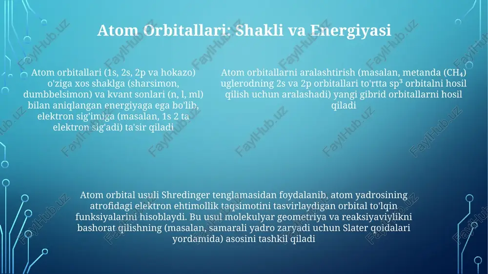 usiyatlarini aniqlaydi atom orbitallarining chiziqli kombinatsiyasi (aok) orqali molekulyar orbitalar (mo) hosil bo'ladi, konstruktiv (bog'lovchi, past energiya) yoki destruktiv (antibog'lovchi, yuqori energiya) tarzda. h₂ 1s atom orbitallaridan σ va σ* mo larni misol qilib keltiradi e'tiboringiz uchun rahmat @taqdimot_robot image1.png image2.png image3.png image4.png image5.png