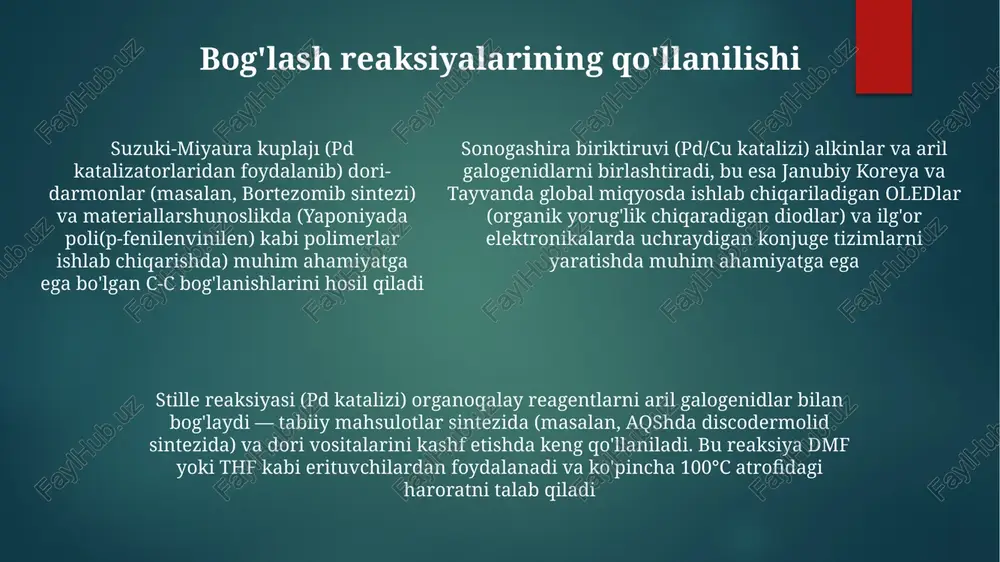 alogenidlar) va hiyama biriktiruvi (organosilanlar bilan aril galogenidlar) misollari mavjud bog'lanishga kirish ko'pgina pd-katalizatorli biriktirish reaksiyalarida oksidlovchi qo'shilish, transmetallash va qaytaruvchi yo'qotish 3 ta asosiy qadam hisoblanadi. bu qadamlar ligand almashinuvi, palladiy oksidlanish darajasining o'zgarishi (pd(0) dan pd(ii) ga va yana pd(0) ga) va yangi c-c bog'lanishining hosil bo'lishini o'z ichiga oladi turli biriktirish reaksiyalari turli organometalik reagentlardan (grignard, organotsink, organoqalay, organobor) foydalanadi. aniq reaksiya sharoitlari (asos tanlovi – masalan, na₂co₃, k₃po₄; erituvchi – masalan, dmf, dioksan) hosil va selektivlikni optimallashtiradi suzuki, stille, negishi kabi bog'lanish reaksiyalari organik sintezda muhim bo'lgan c-c bog'lanishlarini hosil qiladi, farmatsevtika (masalan, lipitor suzuki bog'lanishi orqali sintez qilingan) va materiallarshunoslikda qo'llaniladi c-o bog'lanish reaksiyalari biriktiruvchi reaksiyalar c-c, c-n, c-o va c-s bog'lanishlarini hosil qiluvchi turli jarayonlarni o'z ichiga oladi organik sintezda muhim ahamiyatga ega bo'lgan c-o bog'lanish reaksiyalari o'tish metallarini (pd, ni, cu) ishlatib, uglerod-kislorod bog'larini hosil qiladi. misol uchun, ullmann reaksiyasi (aril galogenidlar/spirtlar), chan-lam …