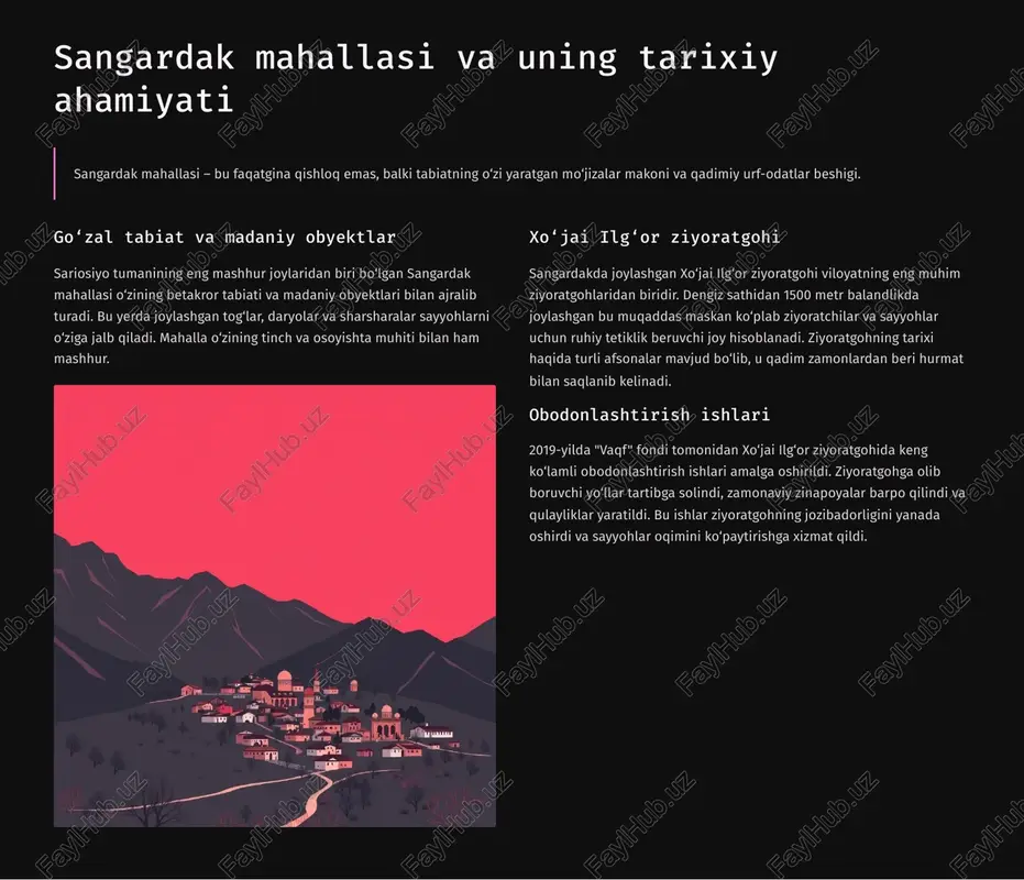 i qishloq xo8jaligi va baliqchilik sariosiyo tumani qishloq xo8jaligida, ayniqsa, baliqchilikda katta salohiyatga ega. tuman fermer xo8jaliklari yiliga yuz tonnadan ortiq baliq yetishtirib, nafaqat mahalliy bozorlarni, balki boshqa viloyatlarni ham ta9minlaydi. bu soha aholi daromadining muhim manbai hisoblanadi. madaniy meros va turizm hududning boy madaniy merosi va betakror tabiati turizmning rivojlanishi uchun mustahkam asos yaratadi. xo8jai ilg8or ziyoratgohi va sangardak sharsharasi kabi obyektlar tashrif buyuruvchilar sonini oshirishga xizmat qiladi. madaniyat va turizmning uyg8unligi sariosiyo tumanini yanada jozibador qiladi. hududga qiziqishning ortishi so8nggi yillarda o8zbekistonda ichki turizmga e9tibor kuchayishi bilan sariosiyo tumani va sangardak hududiga qiziqish sezilarli darajada ortdi. bu esa yangi sarmoyalarni jalb etish va infratuzilmani rivojlantirish uchun qulay sharoit yaratadi. https://gamma.app/?utm_source=made-with-gamma 1 shtamp sangardakdagi qahramonlar va voqealar har bir go8zal joy o8zining hikoyalari va qahramonlariga ega. sangardak ham bundan mustasno emas. bu yerda qadimiy afsonalar va zamonaviy sa9y- harakatlar o8zaro uyg8unlashib ketgan. xo8jai ilg8or sirlari xo8jai ilg8or nomi bilan …