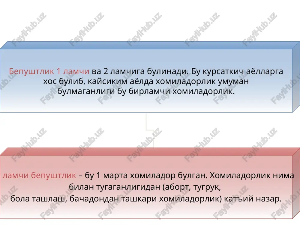 hkil etadi. naylar bepushtligi deb aytiladi kachonkim, bachadon naylari uz vazifasini bajara olmasa. naylar bepushtligi sabablari: bachadon naylari yukligi bachadon naylarida organik uzgarishlar naylar funktsiyasining buzilishi. infantilizm. 2 asosiy turi farklanadi: bachadon naylari organik uzgarishlari bachadon naylari funktsiyasi buzilishi funktsional buzilishlarga sabab naylar kiskarish faoliyatining buzilishi: diskoordinatsiya gipotonus giper- tonus organik uzgarishlarga kiradi: sterilizatsiya va b. nay buralishi chandik xosil bulishi utkazuvchanlik buzilishi naylar bepushtligi diagnostikasi anamnez jinsiy aloka soni, partnyorlar almashuvi va ulardagi yalliglanish kasalliklari gsg laparoskopiya kabul kilgan kontratseptsiya uslubi jinsiy aloka davrida chanokda ogrik, algodismenoreya abortdan va tugrukdan sungi davrning kechish xususiyatlari operatsiyadan keyingi davr. jinsiy va boshka organ sistemalarining surunkali yalliglanish kasalliklari funktsional naylar bepushtligini davolash. psixoterapiya sedativ dorilar trankvilizatorlar spazmolitik preparatlar beta-adrenoblokatorlar prostaglandinlar (naprosin, indometatsin) gormonal buzilishlar korrektsiyasi balneoterapiya serovodorodli vanna organik naylar bepushtligini davolash. surunkali bachadon ortiklari yalliglanishini konservativ davolash unumsiz xisoblanadi. konservativ va operativ davolanadi. uzok konservativ davolashda ogir anatomo – funktsional uzgarishlar …