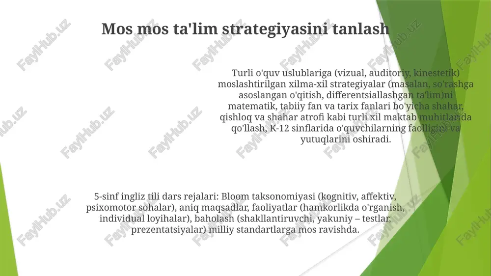 lanish texnologiya boyicha boyitilgan dars rejalari (masalan, simulyatsiyalar, virtual ekskursiyalar, dasturlash mashqlari)ni aniq o'quv maqsadlari va o'quv dasturi standartlariga (masalan, umumiy yadro, keyingi avlod fan standartlari) muvofiqlashtirish va turli sinf bosqichlari (masalan, 3-sinf, 8-sinf, 12-sinf) uchun ishlab chiqish ta'lim texnologiyalarining (masalan, canvas, moodle kabi lms platformalari; interaktiv doskalar; quizlet, kahoot! kabi ta'lim ilovlari) turli mutaxassisliklar (matematika, fan, tarix) bo'yicha dars rejalari va turli o'quv muhitlarida (masalan, k-12 sinf xonalari, onlayn virtual maktablar) qo'llanilishi yaxshilanish sohalarini aniqlash 5-sinf geometriya (chikago davlat maktablari) bo'yicha 2023-yilgi ma'lumotlar tahlili burchaklar bo'yicha past natijalarni ko'rsatdi. o'quv rejalari interaktiv simulyatsiyalar va hayotiy misollar (masalan, qurilish, geodeziya) qo'shilgan holda qayta ko'rib chiqiladi 7-sinf algebra bo'yicha (london, buyuk britaniya) 25 o'quvchining ishlari tahlili (pre/post-testlar orqali yutuqlarni aniqlash, tenglamalarni yechishdagi xatolar (masalan, amallar tartibi, o'zgaruvchilar bilan ishlash) aniqlash, kelgusidagi dars rejalari (differensiatsiyalashgan o'qitish, maqsadli tuzatish) tuzatish. e'tiboringiz uchun rahmat @taqdimot_robot
