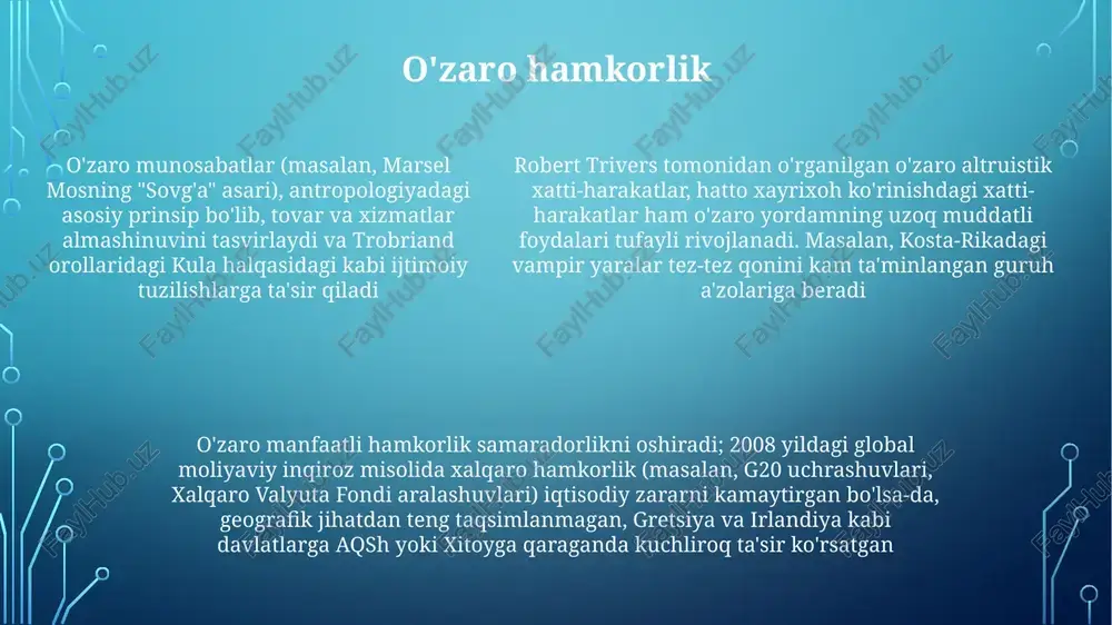 ichiga oladi; aqsh va yevropadagi fmri tadqiqotlari o'zaro ta'sirlar davomida faollashuvni ko'rsatadi, bu mukofotni qayta ishlash va hissiy bog'lanishni bildiradi o'zaro manfaatlilik me'yorlari jahon madaniyatlariga singib ketgan (masalan, shimoliy-g'arbiy sohil tub aholisining potlatch marosimlari) harakatlarga kutilayotgan javoblarni belgilaydi; buzilishi ijtimoiy jazolarga olib keladi siyosatda o'zaro munosabat xalqaro munosabatlardagi o'zaro manfaatlilik, masalan, 2015 yildagi parij bitimidagi emissiya kamaytirish majburiyatlari, o'zaro imtiyozlarni talab qiladi; davlatlarning (masalan, braziliya, xitoy, aqsh) maqsadlarga erisha olmaganligi global hamkorlik va ishonchni buzadi ichki siyosiy o'zaro munosabatlar (logrolling) – siyosatchilar turli qonun loyihalari bo'yicha bir-birlariga yordam berishni nazarda tutadi. 1964 yildagi fuqarolik huquqlari to'g'risidagi qonun turli siyosiy guruhlar o'rtasidagi ko'plab kelishuvlar va o'zaro imtiyozlar natijasida qabul qilingan o'zaro manfaatli altruyizm, siyosiy bo'lmasa ham, siyosiy natijalarga sezilarli ta'sir ko'rsatadi. 2020 yildagi aqsh prezidentlik saylovlarida saylovchilarning faolligi sezilarli darajada oshdi, bu o'zaro ijtimoiy ta'sirni ko'rsatadi e'tiboringiz uchun rahmat @taqdimot_robot image1.png image2.png image3.png image4.png image5.png