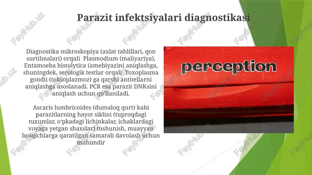i ko'plab parazitlarning (masalan, dizenteriya epidemiyalarida yevropa shaharlariga ta'sir ko'rsatgan entamoeba histolytica) morfologiyasi va hayot sikllarini ochib berdi. bu faqat klinik tasvirlardan biologik tushunchaga o'tishni belgilab, gollandiyalik olimlar, masalan, levenguk katta hissa qo'shdi. 20-21-asrlar: global sogʻliqni saqlash tashabbuslari (masalan, sahroi afrikadagi plasmodium falciparum va butun dunyodagi plasmodium vivax) bezgak va (afrikada schistosoma mansoni, janubiy amerikada) shisitosomiyoz kabi parazit kasalliklarini bartaraf etishga qaratildi e'tiboringiz uchun rahmat @taqdimot_robot image1.jpg image2.jpg image3.jpg image4.jpg image5.jpg image6.jpg image7.jpg image8.jpg image9.jpg image10.jpg image11.jpg image12.jpg image13.jpg image14.jpg image15.jpg image16.jpg image17.jpg
