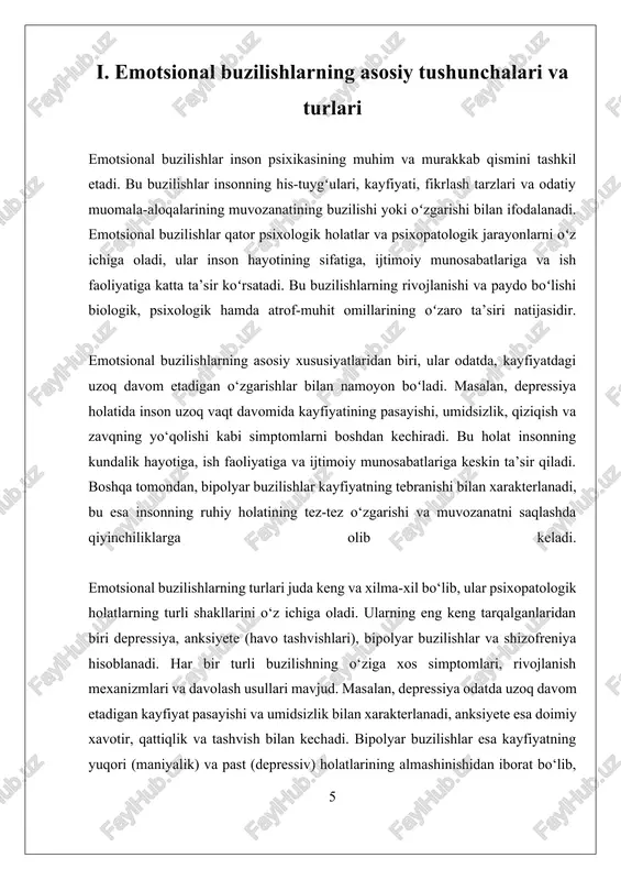 sixologik yoki atrof-muhit omillarining mavjudligini aniqlashga yordam beradi. shuningdek, psixologik testlar va skalalar yordamida shaxsning kayfiyat darajasi, anksiyete va depressiya simptomlari baholanadi. masalan, beck depression inventory yoki hamilton rating scale for depression kabi standart testlar keng qo‘llaniladi. ikkinchidan, zamonaviy texnologiyalar, xususan neuroimaging (nevroimaging) usullari, emotsional buzilishlar sabablarini biologik nuqtai nazardan tushunishda muhim ahamiyat kasb etmoqda. funktsional magnit-rezonans tomografiya (fmri) va pozitron-emissiya tomografiyasi (pet) yordamida miya faoliyatining o‘zgarishlari aniqlanadi, bu esa biologik asoslarning tushunilishiga xizmat qiladi. shu bilan birga, genetik tadqiqotlar ham emotsional buzilishlarning merosxo‘rlik va genetik omillar bilan bog‘liqligini o‘rganishga imkon yaratmoqda. davolash usullari esa individual holat va tashxis natijalariga asoslanadi. emotsional buzilishlarni davolashda psixoterapiya, dorilar va ijtimoiy qo‘llab-quvvatlash muhim rol o‘ynaydi. psixoterapiya usullari orasida kognitiv-ijtimoiy terapiya, mantiqiy-emosional terapiya va psixodinamik yondashuvlar keng tarqalgan. bu metodlar insonning emotsional holatini o‘zgartirish, stressni boshqarish va muomala-aloqalarni yaxshilashga yordam beradi. masalan, depressiya va anksiyete bilan kurashishda kognitiv-ijtimoiy terapiya shaxsning fikrlash uslublarini va muomala …