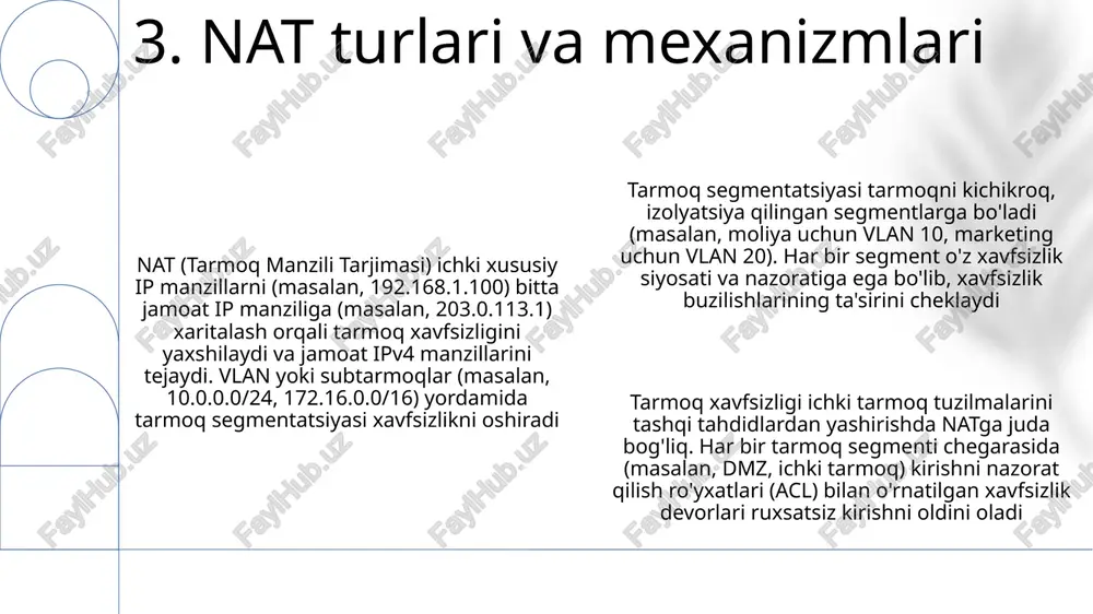 .168.1.0/24 subnet uchun dos dan himoya qilishga ta'sir va ichki tizimlarda (masalan, 10.0.0.0/8) dastur darajasidagi xavfsizlik tahlilini qiyinlashtiradi tarmoq xavfsizligi bir nechta qatlamlarga, jumladan, xavfsizlik devorlari (cisco asa), bosqinni aniqlash/oldini olish tizimlari (ids/ips, snort) va zaiflik skanerlari (nessus) ga tayanadi va ma'lum bir geografik joydagi (masalan, nyu-york shahri ma'lumotlar markazi) resurslarni himoya qiladi tarmoq segmentatsiyasi, vlan (virtual lan) yoki fayervollardan (masalan, palo alto networks) foydalanib, marketing (172.16.10.0/24) va moliya (172.16.20.0/24) bo'limlari kabi tarmoq segmentlarini ajratadi. bu xavfsizlik buzilishlarining ta'sirini cheklaydi va dmz (demilitarizatsiya zonasida) umumiy tarmoq xavfsizligini yaxshilaydi 12. natning xavfsizlik ta'sirlari tarmoq xavfsizligi turli texnologiyalar va amaliyotlarni o'z ichiga oladi, bu tarmoq infratuzilmasi va ma'lumotlarini ruxsatsiz kirish, foydalanish, oshkor qilish, buzish, o'zgartirish yoki yo'q qilishdan himoya qiladi nat (tarmoq manzili tarjimasi) ichki xususiy ip manzillarni (masalan, uy marshrutizatoridagi 192.168.1.0/24 tarmoq) bitta jamoat ip manziliga (masalan, 203.0.113 tarmoq segmentatsiyasi katta tarmoqni kichik, izolyatsiya qilingan segmentlarga (vlanlar - virtual lanlar) bo'lib, …