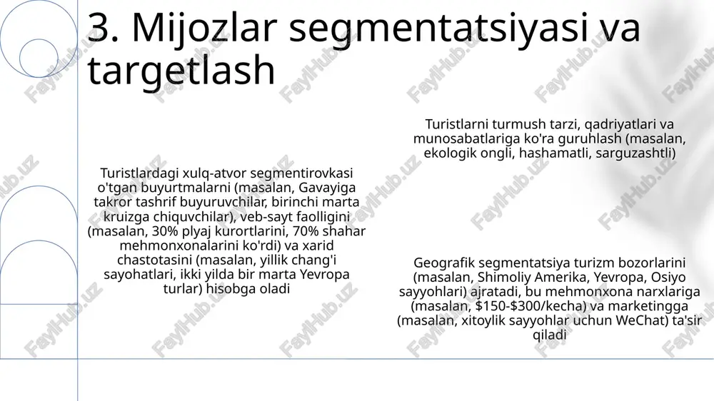 'ylab 200,000 dan ortiq mehmondo'stlik sohasidagi ish o'rinlariga ta'sir qiladi. qor yog'ishi (ideal 100 sm dan ortiq) chang'i kurortlariga talabning o'zgarishiga to'g'ridan-to'g'ri ta'sir qilib, kolorado, yuta va shveytsariyada qor kam bo'lgan yillarda daromadni 50% gacha kamaytiradi 16. mavsumiy tebranishlar va talab ma'lumotlar tahlili turizm bozorini segmentatsiyaga ajratadi (masalan, londonda 25-35 yoshli ayollar sayyohlarini aniqlash, evropa ittifoqida bron qilishda 15% roi o'sishi bilan maqsadli marketing kampaniyalari uchun tahlillarni yaratish) real vaqt ma'lumotlar tahlili (masalan, nyu-york shahri haqidagi 500 000 ta ijtimoiy media postini kuniga tahlil qilish) sayyohlar kayfiyatini va yangi trendlarni aniqlab, faol inqirozlarni boshqarish va shaxsiylashtirilgan tajribalarni ta'minlaydi mayami turizm manfaatdorlari (mehmonxonalar, aviakompaniyalar, sayyohlik agentliklari) uchun asosiy ko'rsatkichlarni (veb-trafik, konversiya stavkalari, har bir tashrif buyuruvchi daromadi) aks ettiruvchi ma'lumotlar vizuallashtirish panellari. los-anjelesda kliklar sonini 25% ga oshirgan marketing materiallarining a/b testi (masalan, elektron pochta marketing kampaniyalarini taqqoslash) 17. ma'lumotlar tahlili va tahminlar e'tiboringiz uchun rahmat @taqdimot_robot image1.png image2.png image3.png image4.png …