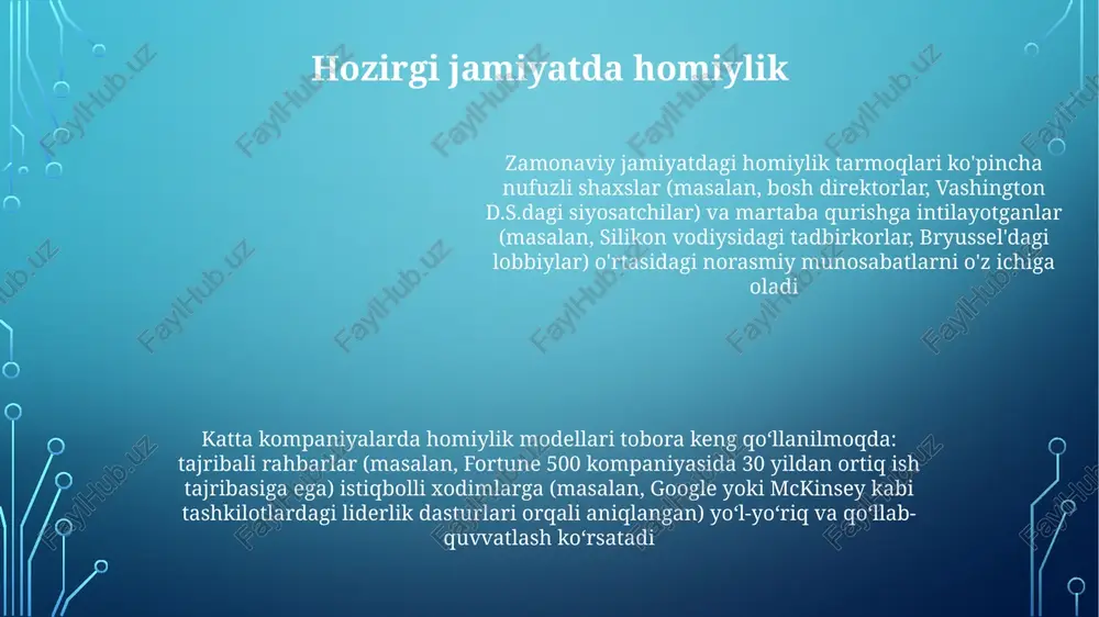 iladi qorovullar va homiylar farq qilsa-da, himoya funksiyasini bajaradi. qorovullar muayyan qobiliyatga ega bo'lmagan shaxslarni himoya qiladi; homiylar esa iste'dodni rivojlantiradi va jamiyat taraqqiyotiga hissa qo'shadi sudya qarorlari orqali rasmiylashtirilgan vasiylik (masalan, aqshdagi konservatorlik, fransiyadagi tutelage) zaif shaxslarni (voyaga yetmaganlar, layoqatsiz kattalar) moliyaviy ahvolini (100 000 dollardan ortiq aktivlar, bir nechta shtatlardagi mulk) va shaxsiy farovonligini (sog'liqni saqlash bo'yicha qarorlar, qariyalar uylarida yashash) boshqarishda himoya qiladi hokimiyat munosabatlari homiylikda hokimiyat nomutanosibligi bilan tavsiflanuvchi homiylik tarmoqlari (masalan, 18-asr fransuz salonlari yoki zamonaviy siyosiy mablag' yig'ishlari) boy zodagonlar yoki korporatsiyalar kabi homiylar moliyaviy yordam va resurslarga kirish orqali rassomlar, siyosatchilar kabi mijozlarga ta'sir o'tkazadi, bu esa voqealar va siyosatni shakllantiradi vasiylik, ayniqsa, himoyasiz kattalar (masalan, buyuk britaniyada 2005 yilgi aqliy qobiliyat to'g'risidagi qonun bo'yicha keksalar yoki aqshdagi oilaviy sud tizimlaridagi bolalar) ga tegishli bo'lganda, huquqiy va ijtimoiy kuch tafovutlarini o'z ichiga oladi hokimiyat va homiylik farq qilsa-da, tengsiz kuch taqsimotiga asoslangan. ikkalasi …