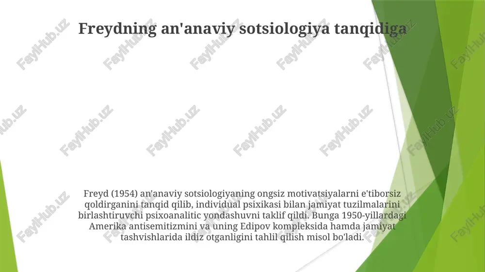eman)dan farqli o'laroq, ijtimoiy harakatlarda ongsiz istaklar va hissiy omillar rolini ta'kidlaydi (masalan, salem sehrgarlik sudlari kabi ommaviy isteriya hodisalari yoki ma'lum geografik hududlardagi jamoaviy xulq-atvorlar). freydning yondashuvi, mead va blumerning ramziy interaksionizmiga qarama-qarshi ravishda, jamiyatning keng ko'lamli kuchlarini (masalan, ruandadagi genotsidning tarixiy travmasi) shaxs va jamoaviy ongsizga ta'sirini ustuvor deb biladi va bu shaxsiy munosabatlarga chuqur ta'sir qiladi. bu mikro darajadagi tahlildan ancha farq qiladi. himoya mexanizmlari va ijtimoiy oʻzaro taʼsir freydning ishlariga oid tanqidlar va munozaralar freyyd modelining tushuntirish qobiliyati, ayniqsa, gʻarbdan tashqari madaniyatlarga qoʻllanilishi boʻyicha tortishuvlar yuzaga keldi. tanqidchilar ongsiz motivatsiyalarga ortiqcha eʼtibor qaratish, ong boshqaruvi, ijtimoiy oʻzaro taʼsir va shaxs xulq-atvorini shakllantirishdagi strukturaviy omillarni eʼtiborsiz qoldirganini savol ostiga qoʻydi freyedning yondashuvining reduktiv tabiati, murakkab ijtimoiy hodisalarni (masalan, siyosiy harakatlarni) ongsiz istaklarga soddalashtirishi, katta tanqidlarga sabab bo'ldi. uning deterministik ohanglari, kuchli ongsiz ta'sirlar tufayli individual avtonomiyaning cheklanganligini nazarda tutib, ijtimoiy konstruktsionizm va agentlikni ta'kidlovchi alternativ sotsiologik qarashlar …