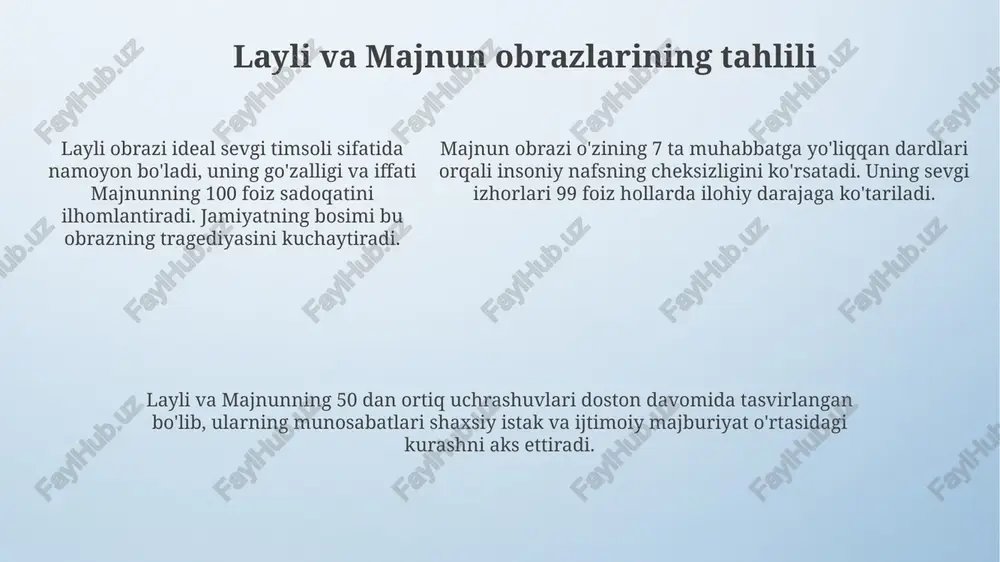 ga erishadi. layli va majnunning fojiali taqdiri orqali doston, taxminan 150 dan ortiq personajlar ishtirokida, inson ruhining eng nozik qirralarini ochib berish orqali badiiy yuksalishga erishadi. e'tiboringiz uchun rahmat image4.png image1.jpeg