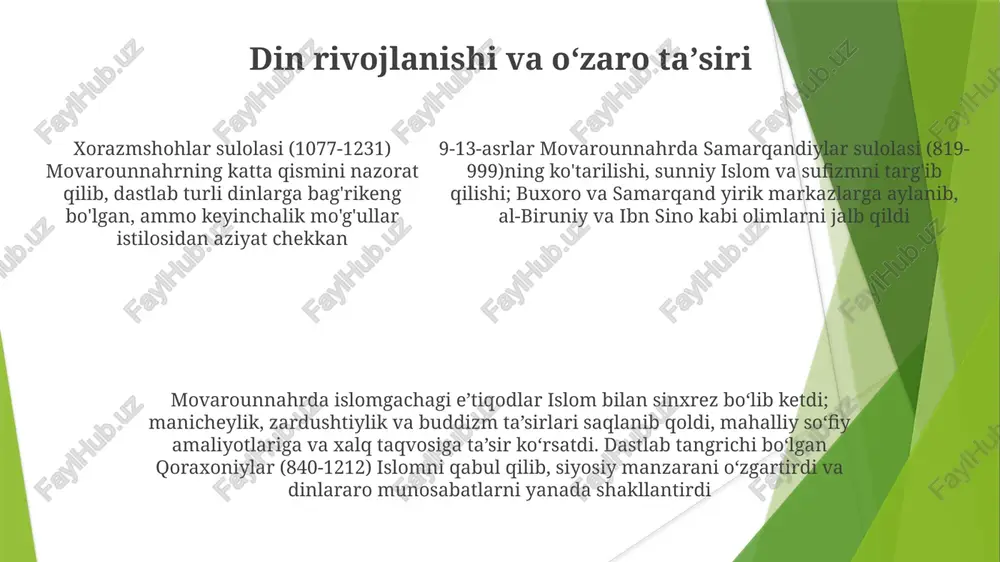 niston va qozog'istonning bir qismi) xilma-xil geografik hududni o'z ichiga olgan: serhosil daryo vodiylari (zarafshon, amudaryo, sirdaryo), dashtlar va tog'lar (tyan-shan) davlat rivoji murakkab sug'orish tizimlarini rivojlantirish, qishloq xo'jaligi ortiqchasini vujudga keltirdi. shaharlarning o'sishi savdo va hunarmandchilikni o'z ichiga olgan iqtisodiy faoliyatni kuchaytirdi 9-13-asrlar o'zgaruvchan hokimiyatni boshidan kechirdi: samoniylar (819-1005), nisbatan barqaror forsiylashgan davlatni o'rnatdilar, keyin esa qoraxoniylar, saljuqiylar, xorazmshohlar va nihoyat, mo'g'ullar istilosi (1219-1221). bu o'zgarishlar ko'chish, istilo va ma'muriy islohotlar orqali demografiyaga ta'sir ko'rsatdi e'tiboringiz uchun rahmat @taqdimot_robot