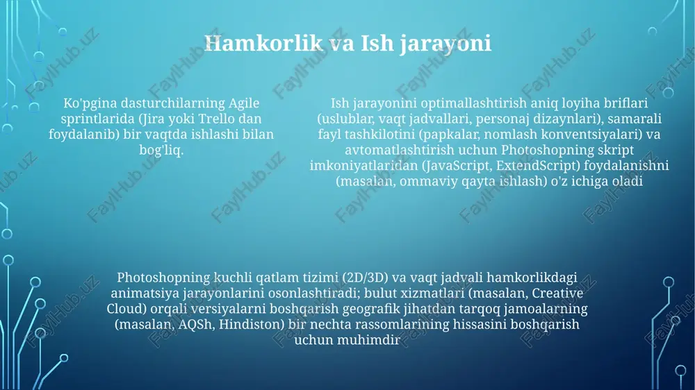 matsiya imkoniyatlari, xususan, "timeline", mobil ilovalar uchun fayl hajmini optimallashtirish uchun sprite sheetlar (bir nechta kadrlar bitta rasmga birlashtirilgan) yaratishga imkon beradi photoshopdagi vaxti paneli kadrma-kadr animatsiyani osonlashtiradi; 2d animatsiyani yaratish silliq harakat uchun sekundiga 12+ kadrni qatlamlarga joylashtirishni o'z ichiga oladi. oldingi kadrlarni ko'rish uchun piyoz terisini referat sifatida ishlating, qatlam shaffofligini (masalan, 50%) sozlang photoshopda animatsiya qilish uchun qatlamardan foydalanib, kadrlar orasida personaj/obyektlarni boshqarish mumkin. har bir kadrni alohida o'zgartirish o'rniga, sozlash qatlamlaridan (yorug'lik/kontrast, rang/to'yinish) foydalaning loyiha sozlamalari va rejalashtirish loyiha sozlamalari va rejalashtirish: 1-bosqich (2 hafta): 3 ta asosiy ilovani aniqlash; photoshop (cs6/cc 2023) loyiha fayllarini tuzilishini yaratish (london, buyuk britaniya); 8 ta animatsion ketma-ketlik (3d & 2d) uchun batafsil jadval tuzish. resurslar taqsimoti: 2 dizayner, 1 animator animatsiya ilovasi yaratish: photoshopning timeline'ini ishlatish; 10 ta sprite sheet (personaj animatsiyasi) yaratish; 6 xil animatsiya texnikasini (tweening, frame-by-frame) qo'llash; 3 ta qurilmada (ios, android, windows) sinovdan o'tkazish. 6 …