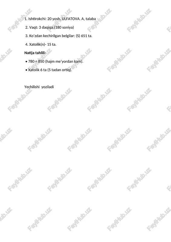 navbatma-navbat ko‘rsatiladi (1–5-ilovalarga qarang). sinov topshiruvchiningvazifasi – sonlarni o‘sish tartibida topish, ko‘rsatish va aytishdir. har bir jadvalbo‘yicha sinov takrorlanadi. o‘rtacha me’yor – 40–42 soniya. har bir jadvalga ketadigan vaqt, odatda, bir xil bo‘ladi. metodika 1. tayyorlov: 5 ta schulte jadvali oldindan chop etiladi yoki ekranda namoyish qilinadi. 2. ko‘rsatma: • “har bir jadvalda 1 dan 25 gacha bo‘lgan raqamlarni tartib bilan topib, ketma-ket ayting. vaqtni imkon qadar tejashga harakat qiling. jadvalni tugatgach, darhol to‘xtang. har bir jadval bo‘yicha sarflangan vaqt o‘lchanadi.” 3. vaqt o‘lchash: har bir jadvalni boshlanganda sekundomer yoqiladi va tugatganda to‘xtatiladi. t1, t2, t3, t4, t5 – mos ravishda 5 ta jadval uchun sarflangan vaqt (soniyada). 4. tugallash: barcha 5 jadval tugagandan keyin, t1 dan t5 gacha bo‘lgan vaqtlar qayd etiladi. amaliy qism: ishtirokchi • ismi: ashirova zulfira • yoshi: 20 yosh • kasbi (roli): talaba jadval vaqt(soniya) t1 45 t2 42 t3 38 t4 44 t5 40 …