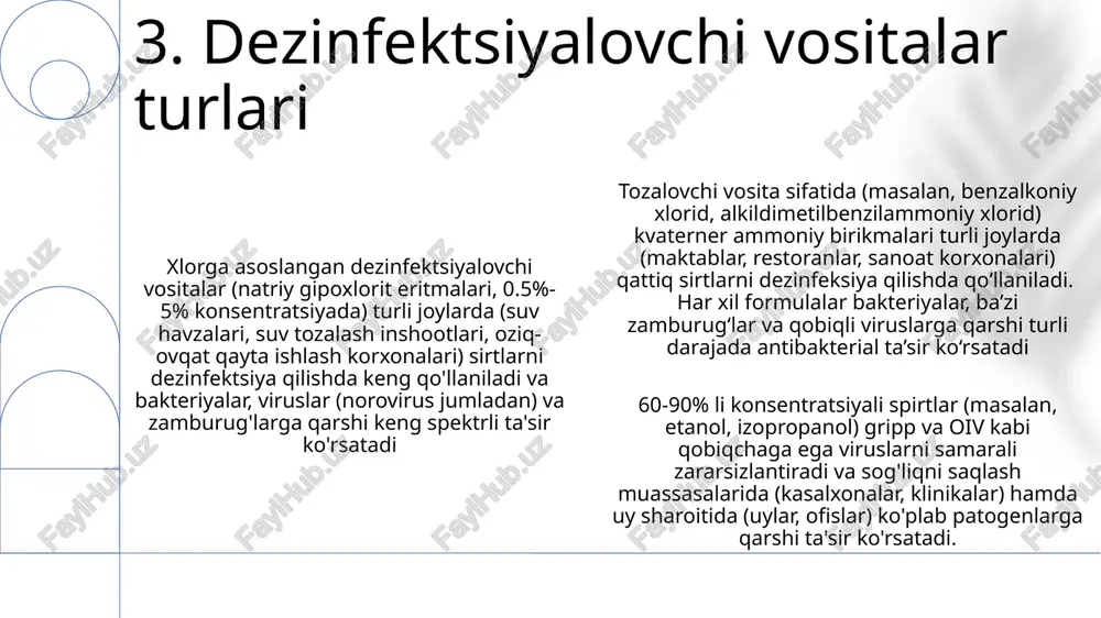 g/l) staphylococcus aureus bakteriyalarining dezinfektantlarga (masalan, xlorgeksidin glyukonatga) chidamliligi (fermentativ parchalanish, nishon o'zgarishi orqali) kasalxonalarda qiyin davolanadigan infeksiyalarga olib keladi. chidamli shtammlarning tarqalishi davolanish muvaffaqiyatsizligini 40% gacha oshiradi. 10. chidamlilik rivojlanishi yangi dezinfektantlar, masalan, 20-100 ppm konsentratsiyali xlor dioksid (clo2), butun dunyo suv tozalash zavodlarida e. coli va salmonellaga qarshi samarali ekanligini ko'rsatmoqda va ba'zi hollarda an'anaviy xlorni ortda qoldirmoqda 11. yangi dezinfektantlar oʻrta spektrli dezinfektsiyalovchi vositalar oʻrta yoʻlni ifodalaydi. masalan, iodoforlar (masalan, tibbiyot muassasalarida yara davolashda ishlatiladigan povidon-yod eritmalari, 1-10% konsentratsiyada) baʼzi bakteriyalar va zamburugʻlarni oʻz ichiga olgan oʻrtacha mikroorganizmlarga qarshi taʼsir koʻrsatadi. ularning qoʻllanilishi maxsus mahsulot va moʻljallangan maqsadga bogʻliq tor darajadagi dezinfektantlar (masalan, to'rtlamchi ammiak birikmalari, ba'zi fenollar) ma'lum mikroorganizmlarga qarshi ta'sir ko'rsatadi. masalan, ba'zilari oziq-ovqat qayta ishlash korxonalarida gram-musbat bakteriyalarga qarshi samarali, boshqalari esa (masalan, stomatologiya klinikalarida) ma'lum qo'ziqorin turlarini nazorat qilish uchun ishlatiladi 12. ta'sir doirasi aqlli dezinfektantlarni ishlab chiqish bo'yicha tadqiqotlar istiqbolli, bu dezinfektantlar …