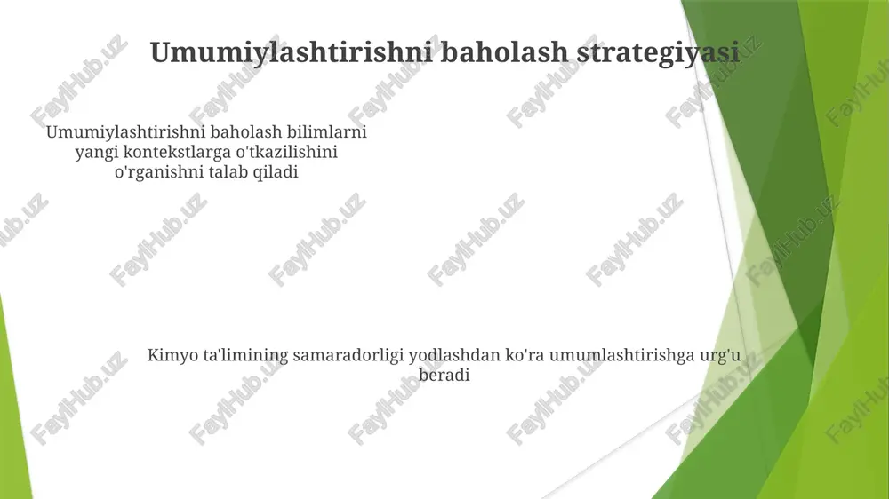 a qiyoslash) kimyoviy tushunchalarni umumlashtirishga yordam beradi. bu esa ma'lum kimyoviy reaksiyalar (masalan, suvli eritmalardagi neytrallash reaksiyalari)dan yangi vaziyatlarga (masalan, suvsiz erituvchilardagi kislota-asos reaksiyalari) ekstrapolyatsiya qilish imkonini beradi kimyo ta'limining analogiya (masalan, atom tuzilishini quyosh sistemasiga qiyoslash) va metaforalari (masalan, kimyoviy reaksiyalarni molekulalar orasidagi "jang" deb tasvirlash) konkret misollardan (masalan, 1-guruh metallarning suv bilan reaksiyasi) abstrakt tushunchalarga (masalan, turli tizimlardagi oksidlanish-qaytarilish jarayonlari) umumlashtirishga yordam beradi kimyo ta'limi generallashuvi davriylik qonuniyatlarini (masalan, 2 va 3 davr elementlarining elektrmanfiyligi) tushunish uchun muhim bo'lib, o'rganilgan printsiplarni turli kontekstlarda (masalan, oak ridge kabi milliy laboratoriyalarda sintez qilingan yangi elementlarning kimyoviy xossalarini bashorat qilish) qo'llash imkonini beradi umumiylashtirish va o'quv dasturini ishlab chiqish kimyo o'quv dasturini samarali tuzish umumlashtirishni rivojlantirishga yo'naltirilgan tuzilgan yondashuvni, ko'p tomonlama ifodalarni (masalan, tenglamalar, diagrammalar, grafikalar) va turli muammo yechish usullarini (masalan, o'lchovli tahlil, muvozanat hisoblashlari, reaksiyani bashorat qilish) o'z ichiga oladi kimyo ta'limi (masalan, stoxiometriya, termodinamika, kinetika)da umumlashtirish turli kimyoviy …