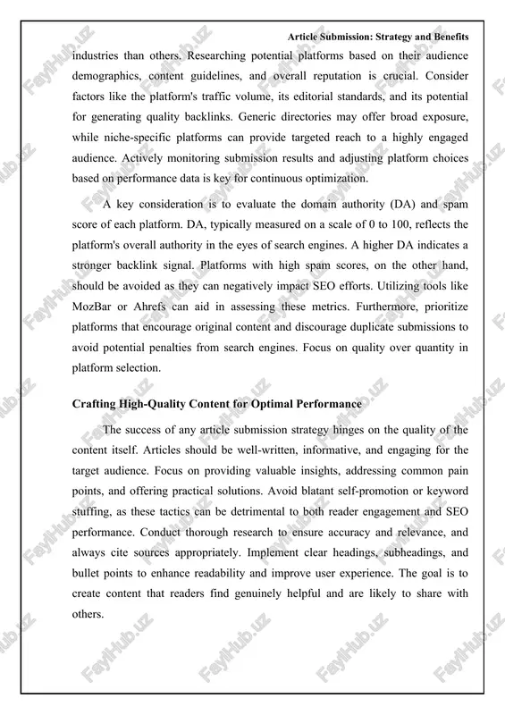 ld a more effective and sustainable strategy over time. regularly updated strategies are key to keeping up with search engine algorithm changes. article submission: strategy and benefits structuring for clarity and impact a well-structured article is paramount for readability and engagement. begin with a compelling introduction that clearly states the article's purpose and scope. outline the key arguments or points you will be addressing. this roadmap prepares the reader and sets expectations. consider employing the inverted pyramid structure, presenting the most crucial information upfront and then delving into details. this is especially important for online readers who often scan content before committing to a full read. aim for a balance between detail and conciseness, avoiding unnecessary jargon that could alienate your audience. ensure a smooth transition between paragraphs, using transitional phrases to maintain a logical flow. body paragraphs should focus on developing the arguments introduced earlier. each paragraph should contain …