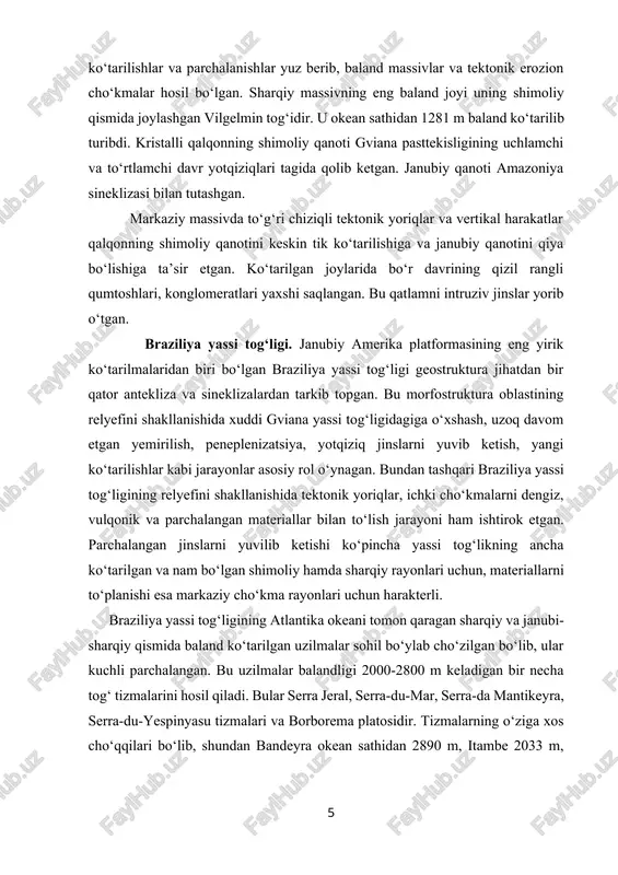 og‘lari bilan gviana yassi tog‘ligi oralig‘idagi mezozoyning oxirida vujudga kelgan tektonik bukilmada tarkib topgan. uning shimoli-sharqiy qismi paleogen va neogen davrlarining dengiz yotqiziqlari bilan, g‘arbiy qismi and tog‘laridan va gviana yassi tog‘ligidan keltirilgan kontinental yotqiziqlar bilan to‘ldirilgan. orinoko pasttekisligi lyanos orinoko pasttekisligi deb ham ataladi. lyanos orinoko yer yuzasining tuzilishiga va nishabligiga ko‘ra ikkita geomorfologik rayonga bo‘linadi. g‘arbiy rayoni past lyanos va sharqiy rayoni baland lyanos deb ataladi. past lyanos pasttekislikning g‘arbiy qismini ishg‘ol etib, guariko va meta daryolarining oralig‘ida joylashgan. uning yuzasi pastqam tekislik bo‘lib, gilli balchiq allyuvial yotqiziqlar bilan qoplangan. baland lyanos pasttekislikning guariko daryosidan sharqda joylashgan qismini egallab olgan. u g‘arbiy rayonga nisbatan balandroq bo‘lib, dengiz yotqiziqlari bilan qoplangan. yuza qismi denudatsion tekislikdan iborat. baland lyanos daryo vodiylari bilan kesilgan va balandligi 200-300 m keladigan platolarga bo‘linib ketgan. bu platolarni mahalliy xalq "mesas" deb ataydi. amazonka pasttekisligi. amazonka pasttekisligi janubiy amerika platformasining eng yirik va qadimiy sineklizasida …