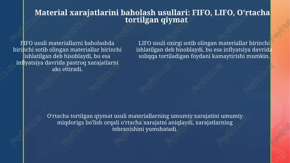 i (wip) baholash murakkab bo'lishi mumkin, ayniqsa, yakunlanmagan birliklarning ekvivalent birliklarini hisoblashda baholash subyektivligi tufayli adolatsizlik yuzaga kelishi mumkin. jarayon xarajatlari usuli har bir buyurtma yoki partiyaning individual xarajatlarini kuzatish imkoniyatini bermaydi, bu esa xarajatlarni nazorat qilish va mahsulot narxini aniqlashda aniqlikning pastligiga olib keladi. amaliy misollar va vaziyatlar korxona 1000 dona mahsulot ishlab chiqarish uchun 500 kg material sarfladi, har bir kg narxi 10 000 so'm. buzilgan mahsulotlar 50 donani tashkil etdi. ularning qiymatini hisoblash amaliyotda muhim. jarayon xarajatlari usuli orqali har bir bosqichdagi xarajatlarni aniqlash uchun amaliy vaziyat: 1-bosqichda 2000 so'm material va 3000 so'm mehnat xarajatlari sarflandi. jarayon xarajatlari usuli orqali har bir bosqichdagi xarajatlarni aniqlash uchun amaliy vaziyat: 1-bosqichda 2000 so'm material va 3000 so'm mehnat xarajatlari sarflandi. xulosa fifo, lifo va o'rtacha tortilgan qiymat kabi baholash usullari inventory qiymatini aniqlashda muhim rol o'ynaydi, bu esa moliyaviy hisobotlarga ta'sir qiladi. xulosa shuni ko'rsatadiki, material xarajatlarini to'g'ri …