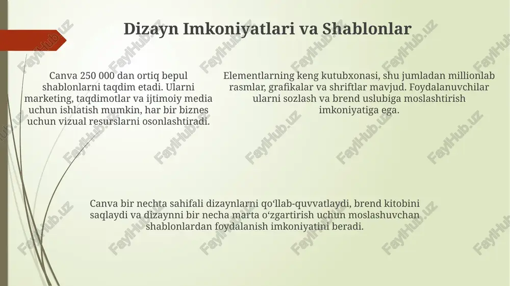 lliondan ortiq bepul rasmlar, grafikalar va video kliplar mavjud. canva pro obunasi bilan qo'shimcha premium resurslarga erishingiz mumkin. brend to'plamidan foydalanib, 3 tagacha rang palitrasini, shriftlarni va logotiplarni yuklashingiz mumkin. bu xususiyat sizning dizayn uslubingizni doimiy saqlashga yordam beradi. kelajakdagi rivojlanish istiqbollari canva kelajakda ai-ga asoslangan dizayn yordamchilarini integratsiya qilishni rejalashtirmoqda, bu foydalanuvchilarga 95% gacha tezroq dizayn yaratishga yordam beradi va ijodiy jarayonni soddalashtiradi. canva kelajakda 3d dizayn elementlarini va vr/ar integratsiyasini qo'llab-quvvatlashni kengaytiradi, bu esa foydalanuvchilarga yanada immersiv va interaktiv kontent yaratish imkonini beradi, bozor ulushi 15% ga oshadi. canva kelajakda 3d dizayn elementlarini va vr/ar integratsiyasini qo'llab-quvvatlashni kengaytiradi, bu esa foydalanuvchilarga yanada immersiv va interaktiv kontent yaratish imkonini beradi, bozor ulushi 15% ga oshadi. xulosa va savol-javob platformaning foydalanish qulayligi, keng qamrovli shablonlar va narxlash variantlari uni dizayn vositasi sifatida ajratib turadi. kelgusi savollarga javob berishga tayyormiz. canva 100 milliondan ortiq foydalanuvchilarga ega bo'lib, 2021 yilda 40 milliard …