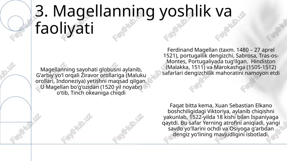 patagoniyada (janubiy amerika) magellan boʻgʻozini kesib oʻtib, tinch okeaniga yetganidan keyin uning floti ochlik, tsinga va qoʻzgʻolonga duch keldi. faqat 3 ta kema va taxminan 180 kishi 1521-yil mart oyida mariana orollariga yetib borishdi. 10. aylanib chiqish davom etmoqda magellanning beshta kemasidan yagona omon qolgan viktoriya kemasi hind okeanini kesib o'tib, yaxshi umid burnini aylanib, 1522-yil 6-sentabrda ispaniyaning sanlúcar de barrameda portiga yetib keldi va dunyoni birinchi marta aylanib chiqdi 1521-yil 27-aprelda, filippindagi sebu shahrida xuan sebastian elkano ferdinand magellanning mactan jangidagi o'limidan keyin viktoriya kemasining boshlig'i bo'ldi. qolgan 18 dengizchi oziq-ovqat yetishmovchiligi va qo'zg'olonlarga duch kelib, jahon sayohatini davom ettirdi. elkanoning rahbarligi, bir qancha tirik qolgan ofitserlarning navigatsion mahorati va ekipajning chidamliligi tufayli ular toshma, ocharchilik, bo'ronlar va dushman hujumlari kabi ulkan qiyinchiliklarni yengib, tinch, hind va atlantika okeanlari bo'ylab uchta qit'ada ajoyib navigatsion mahoratni namoyish etdilar. 11. xuan sebastian elkano qo'mondonlikni qo'lga oladi magellanning 1519-1522 yillardagi ekspeditsiyasi 5 …