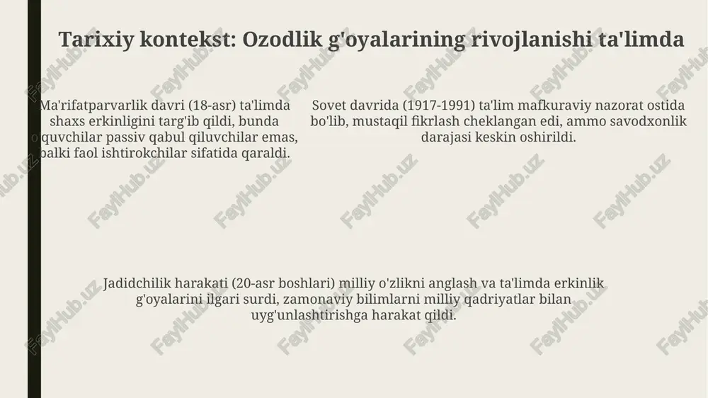 giyalar yordamida ta’limda ozodlikni kengaytirish uchun 100 dan ortiq interaktiv platformalardan foydalanish, shuningdek, virtual laboratoriyalar va simulyatsiyalarni integratsiyalash zarur. kelajakda baholash tizimida 50% dan ortiq ijodiy topshiriqlar va loyihaviy ishlarni qo‘llash, o‘quvchilarning individual qobiliyatlarini ochishga va tanqidiy fikrlashni rivojlantirishga yordam beradi. texnologiyaning roli: ozod o'rganish va ta'lim olish imkoniyatlari texnologiya cheksiz resurslarga (masalan, ochiq ta'lim resurslari, oer) kirishni ta'minlaydi, bu esa talabalarga 24/7 mustaqil ravishda o'rganishga yordam beradi. onlayn platformalar, masofaviy ta'lim va interaktiv ilovalar talabalarga shaxsiy ehtiyojlariga moslashtirilgan ta'lim olish imkoniyatini berib, ta'lim usullarini diversifikatsiya qiladi. onlayn platformalar, masofaviy ta'lim va interaktiv ilovalar talabalarga shaxsiy ehtiyojlariga moslashtirilgan ta'lim olish imkoniyatini berib, ta'lim usullarini diversifikatsiya qiladi. inson huquqlari va ta'lim: ozodlikning huquqiy jihatlari o'zbekiston konstitutsiyasining 41-moddasi har bir insonning bepul umumiy ta'lim olish huquqini belgilaydi, bu esa ozodlikning qonuniy asoslaridan biridir. ta'lim olish huquqi inson huquqlari umumjahon deklaratsiyasining 26-moddasida mustahkamlangan bo'lib, shaxsning bilim olish va rivojlanish erkinligini kafolatlaydi. ta'limda so'z …