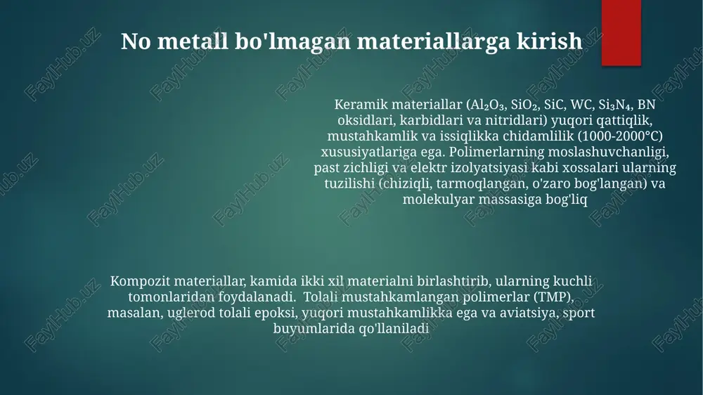 nometal materiallarni bog'lovchi moddaga qarab sinflash ularni xossalari va qo'llanilishi - Page 5