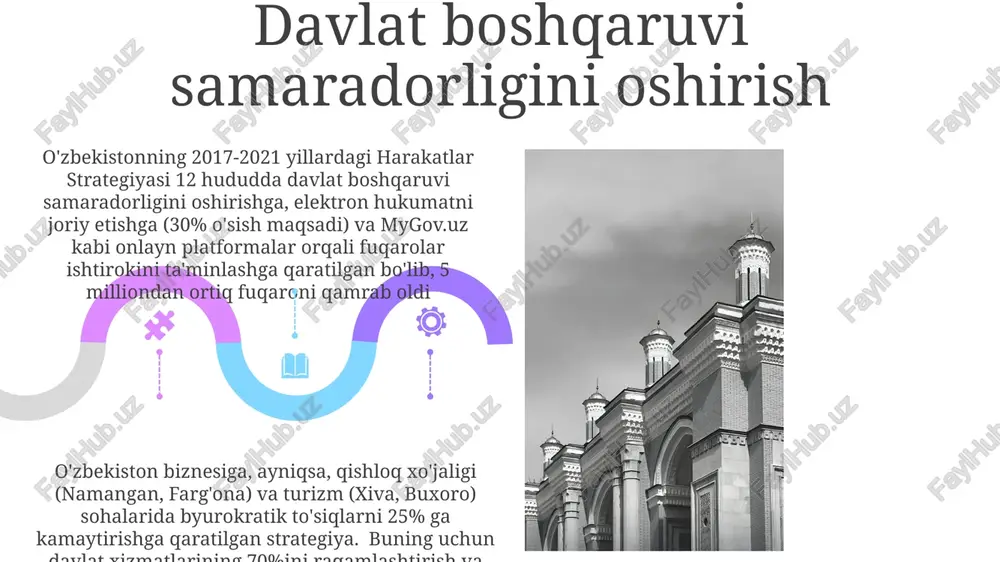 unkti bo'lgan hududlarda yoshlar bandligini (10% ga kamaytirish) maqsad qilgan xalqaro tashkilotlar (jahon banki, unicef, osib) bilan hamkorlikda 5 milliard dollarga yaqin mablag' jalb qilindi. asosiy ko'rsatkichlar (kpi) barcha sohalardagi taraqqiyotni kuzatdi xususiy sektorni rivojlantirish va tadbirkorlikni qo'llab-quvvatlash strategiya litsenziyalash jarayonlarini soddalashtirish, byurokratik to'siqlarni kamaytirish va shaffoflikni oshirish orqali biznes muhitini yaxshilashga qaratildi 10,000+ tadbirkor davlat tomonidan qo'llab-quvvatlanadigan mikrofinans dasturlaridan (o'rtacha kredit hajmi 5000 aqsh dollari) foyda ko'rdi e'tiboringiz uchun rahmat @taqdimot_robot image4.jpg image5.jpg image6.jpg image7.jpg image8.jpg image9.jpg image10.jpg image11.jpg image12.jpg image13.jpg image14.jpg image15.jpg image16.jpg image17.jpg image18.jpg image19.jpg image20.jpg image1.jpeg image2.jpeg image3.jpeg