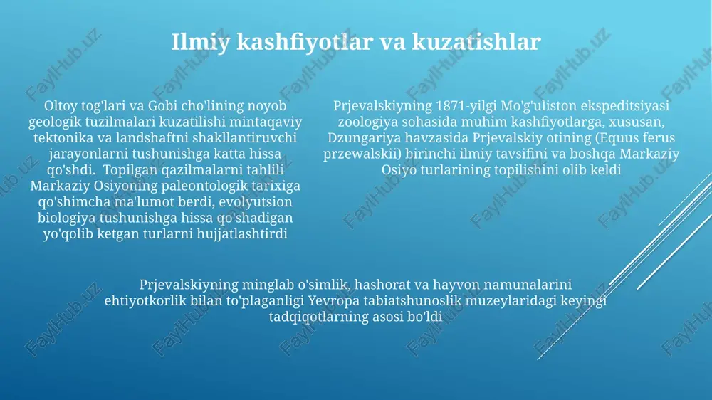 rni qo'zg'atgan meros qoldi. uning aniq kartografik ishlari markaziy osiyo xaritalaridagi xatolarni tuzatdi, xususan sariq daryo va gobi choʻlining chegaralarini aniqlashda; 19-asr geografiya bilimlariga sezilarli taʼsir koʻrsatdi. sibir ekspeditsiyasi boshlanadi prjevalskiyning 24 kishidan iborat, geograflar, botaniklar va zoologlardan tashkil topgan jamoasi qozogʻiston, qirgʻiziston va xitoyning gʻarbiy hududlarida qattiq ob-havo sharoitida (qizigan yoz va muzlab qolgan qish), kam resurslar va dushmanona relyefda keng geografik, botanik va zoologik maʼlumotlar toʻpladi. e'tiboringiz uchun rahmat @taqdimot_robot