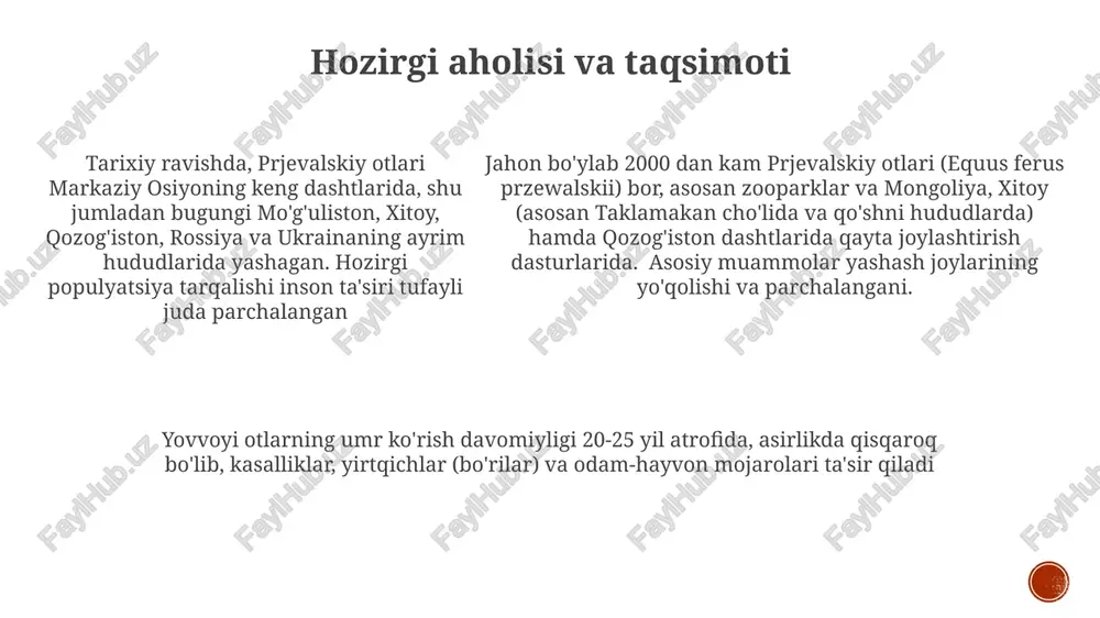 lensk guberniyasida tugʻilgan; oila: zodagon ota-onalar; dastlabki taʼlimi klassik fanlarga va harbiy tayyorgarlikka qaratilgan; rossiya imperiya armiyasida xizmat qilgan, keyinchalik markaziy osiyoni oʻrgangan. 1871-yilda prjevalskiyning gobi choʻlida boʻlgan birinchi yirik ekspeditsiyasida qatnashdi; oʻsimlik va hayvonlarni oʻz ichiga olgan muhim zoologik namunalarni toʻpladi; mongoliya va xitoyning ilgari xarita qilinmagan hududlarini xaritaga tushirdi; noyob geografik xususiyatlarni hujjatlashtirdi. keyingi ekspeditsiyalar (1876-1877, 1879-1885) tibet, shimoliy-sharqiy xitoyni o'rgandi; prjevalskiy otini (equus ferus przewalskii) va boshqa yangi turlarni kashf etdi; uning batafsil kundaliklari, xaritalari mintaqaning geografik va biologik bilimlarini sezilarli darajada rivojlantirdi; 1888 yilda qirg'izistondagi karakolda (hozirgi prjevalskiy) tifdan vafot etdi. qaytadan joylashtirish harakatlari yovvoyi tabiatda qirilib ketgan (1960-yillar), yevropa va shimoliy amerika zooparklaridagi (masalan, san-diego zooparki) sun'iy ko'paytirish dasturlari qayta joylashtirish uchun muhim ahamiyatga ega. populyatsiya kamayishi genetik o'zgaruvchanlikni pasaytirdi, bu esa uzoq muddatli hayotga ta'sir qildi yashash joyining yo'qolishi (inson aralashuvi, dehqonchilik), iqlim o'zgarishining dasht ekosistemalariga ta'siri va uy hayvonlari bilan o'zaro ta'siri qayta …