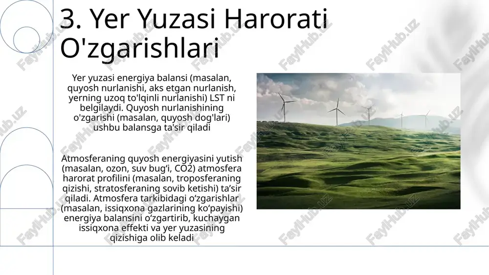 arorat farqi hadley, ferrel va qutb hujayralarini yaratadi; bulut albedosini (aks etuvchanlik; ~30-70%) ta’sir qilib, global haroratlarga va amazon havzasidagi kabi mintaqaviy iqlimga ta’sir qiladi. 17.ekologik ta'sirlar shaharlarda fotovoltayik ishlab chiqarish jarayonlari tufayli tropospheradagi ozon (o3) konsentratsiyasi 10-20 ppb ga oshishi, bulut hosil bo'lishining o'zgarishi (masalan, past darajadagi bulut qoplamining 5% kamayishi) mintaqaviy harorat o'zgarishlariga (masalan, arktikada 0,1-0,5°c isish) va amazon o'rmonlarida yog'ingarchilik rejimiga ta'sir ko'rsatishi. e'tiboringiz uchun rahmat @taqdimot_robot image1.png image2.jpg image3.jpg image4.jpg image5.jpg image6.jpg image7.jpg image8.jpg image9.jpg image10.jpg image11.jpg image12.jpg image13.jpg image14.jpg image15.jpg image16.jpg image17.jpg image18.jpg