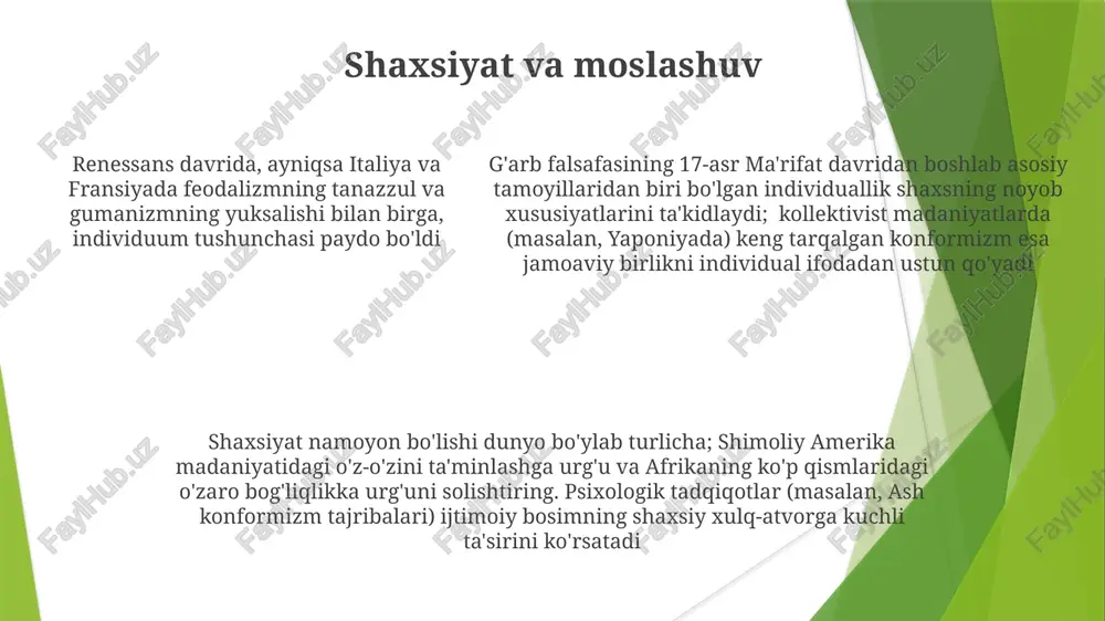 sh iste'molchiligi) o'z-o'zini anglashga, noyob shaxslarni shakllantirishga ta'sir ko'rsatdi. madaniy me'yorlarning farqi (masalan, sharqiy osiyo va g'arbiy davlatlardagi kollektivist va individualist jamiyatlar) o'z-o'zini anglash va shaxsiyatni sezilarli darajada shakllantiradi madaniy rivoyatlar (masalan, qadimgi yunonistondan zamonaviy hindistongacha bo'lgan miflar, diniy matnlar, qahramonlik dostonlari) ideal "men" va shaxsiy qadr-qimmat haqidagi tasavvurlarni shakllantiradi globalizatsiya (xxi asr, internet, ommaviy axborot vositalari) madaniyatlarni aralashtirib, gibrid identifikatsiyalarni yaratadi shaxsiylikni ifodalash individual tushunchasi falsafiy bahslarga boy shaxsiyat – murakkab ijtimoiy-madaniy tuzilma boʻlib, shaxsiy tajribalar bilan shakllanadi e'tiboringiz uchun rahmat @taqdimot_robot