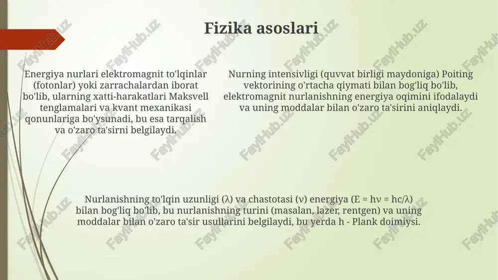 i orqali quvvat uzatish 2.45 ghz chastotada mikroto'lqinli nurlanish yordamida amalga oshiriladi. quyosh elektr stansiyalaridan yerga doimiy quvvat yetkazib berish mumkin. afzalliklari energiya nurlari yuqori aniqlikni ta'minlaydi, mikron o'lchamdagi joylarga fokuslanib, materiallarni juda kam termik ta'sir zonasi bilan qayta ishlash imkonini beradi, bu esa nozik ilovalar uchun muhimdir. yuqori quvvat zichligi tufayli energiya nurlari materiallarni tez va samarali kesishi, payvandlashi yoki eritishi mumkin, bu esa ishlab chiqarish unumdorligini 2-3 barobar oshiradi va xarajatlarni kamaytiradi. ba'zi energiya nurlari (masalan, lazerlar) vakuum, atmosfera va suv kabi turli xil muhitlarda ishlaydi, bu esa ularni xilma-xil ilovalarda, jumladan, kosmik va suv osti sharoitlarida moslashuvchan qiladi. kamchiliklari energiya nurlarining asosiy kamchiliklaridan biri ularni yaratish uchun katta miqdordagi energiya sarflanishidir, bu esa umumiy samaradorlikni cheklaydi va foydalanish xarajatlarini oshiradi. yuqori intensivlikdagi energiya nurlari xavflidir, chunki ular to'g'ridan-to'g'ri ta'sir qilganda teri kuyishiga, ko'z shikastlanishiga va materiallarga zarar yetkazishiga olib kelishi mumkin, shu sababli xavfsizlik choralariga rioya qilish …